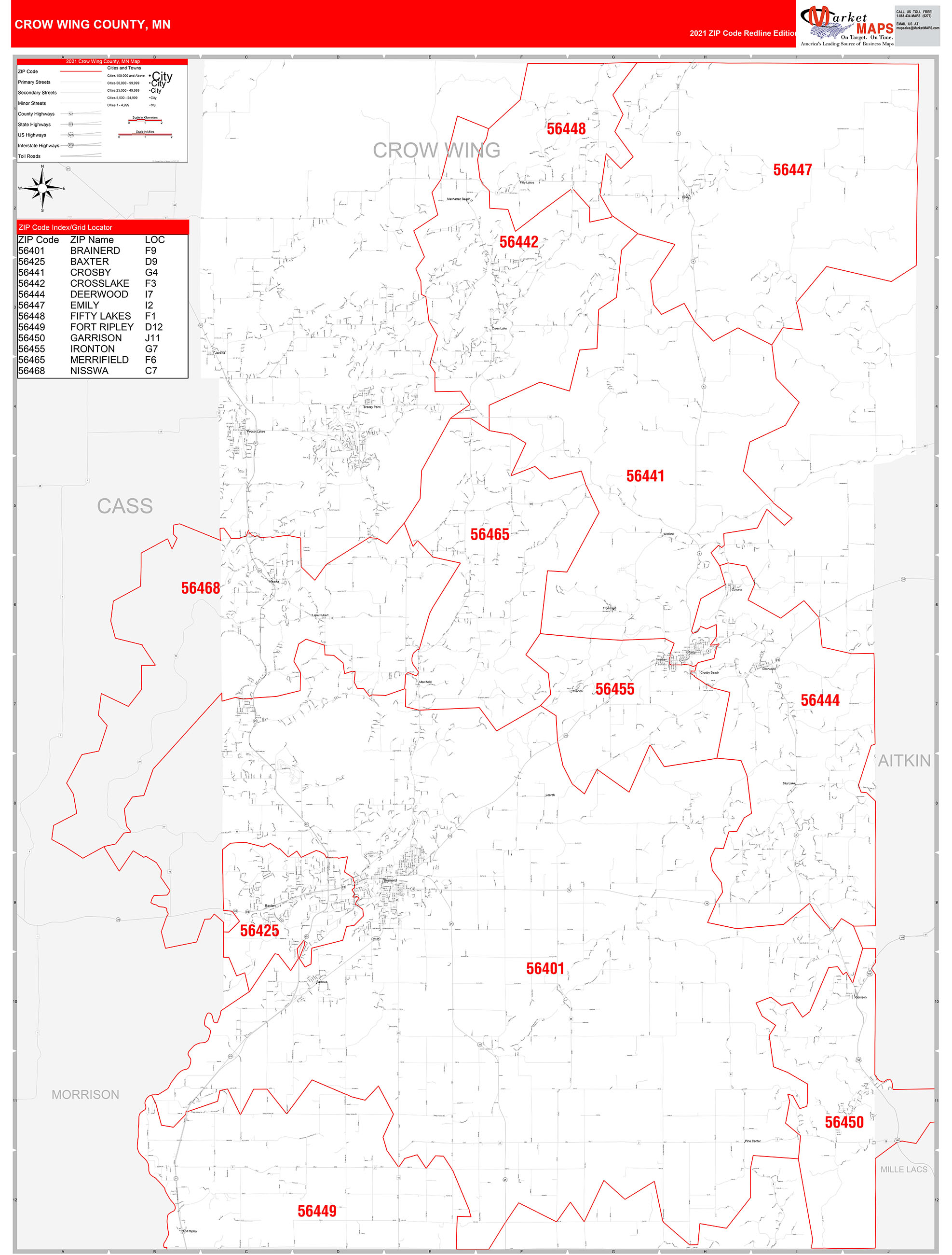 Crow Wing County, MN Zip Code Wall Map Red Line Style by MarketMAPS