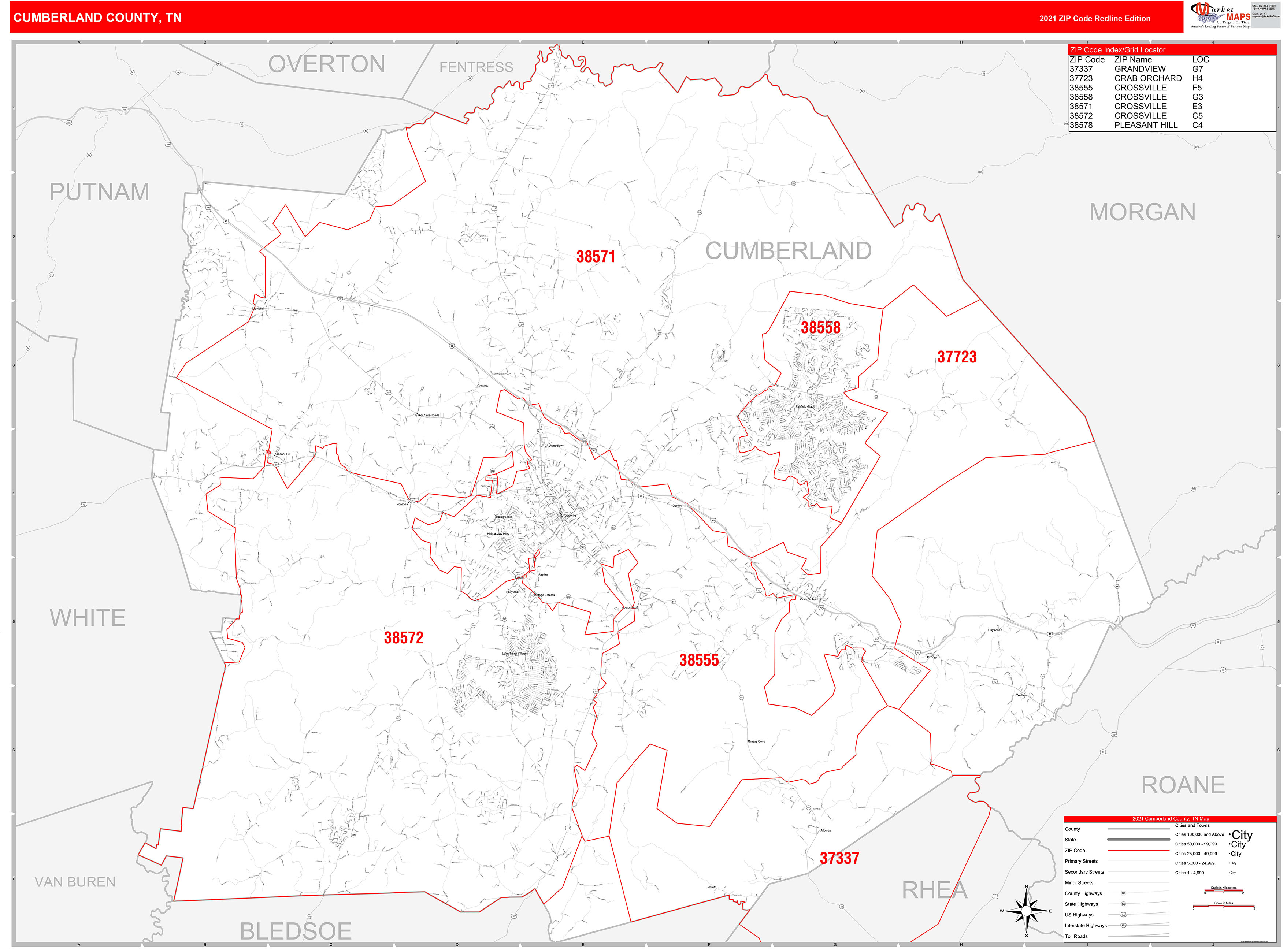 Cumberland County Tn Zip Code Wall Map Red Line Style By Marketmaps Mapsales 4431