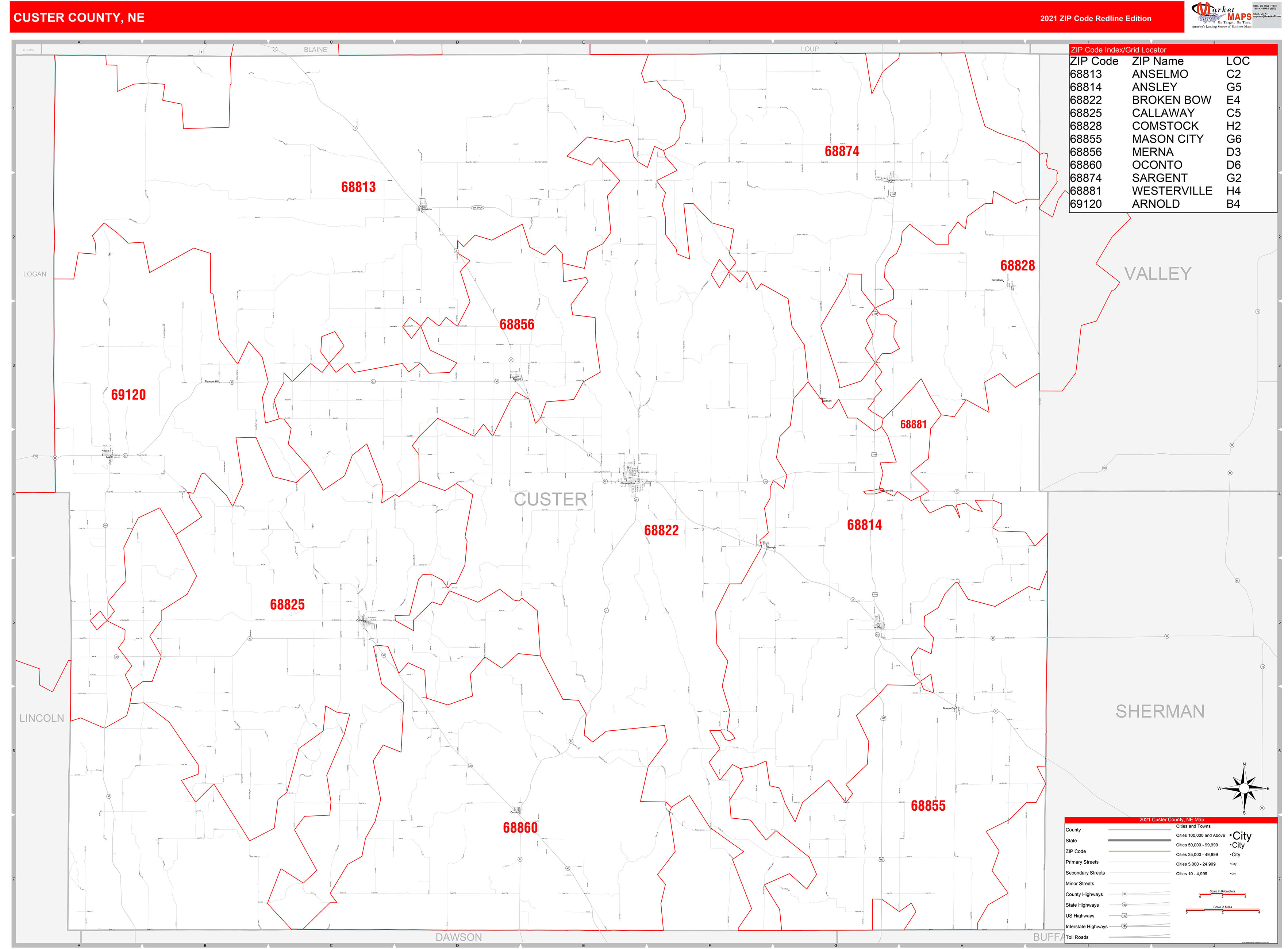 Custer County, NE Zip Code Wall Map Red Line Style by MarketMAPS