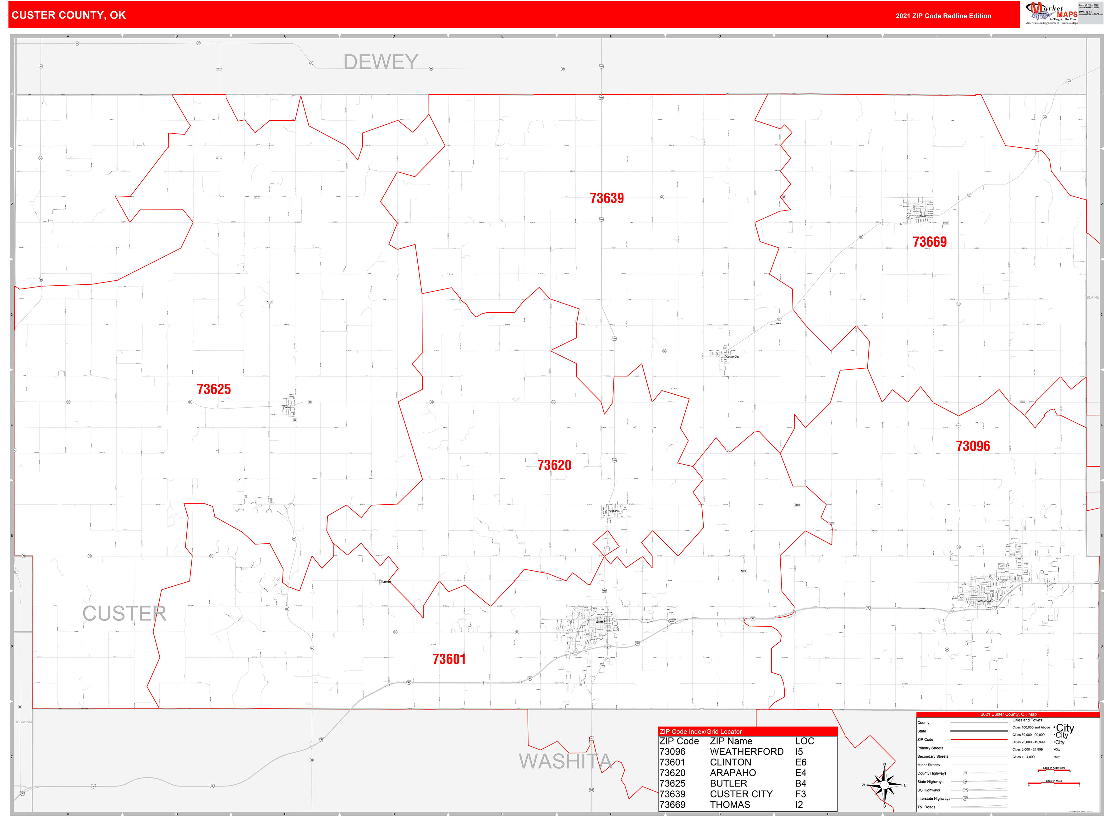 Caddo County Ok Zip Code Wall Map Red Line Style By M