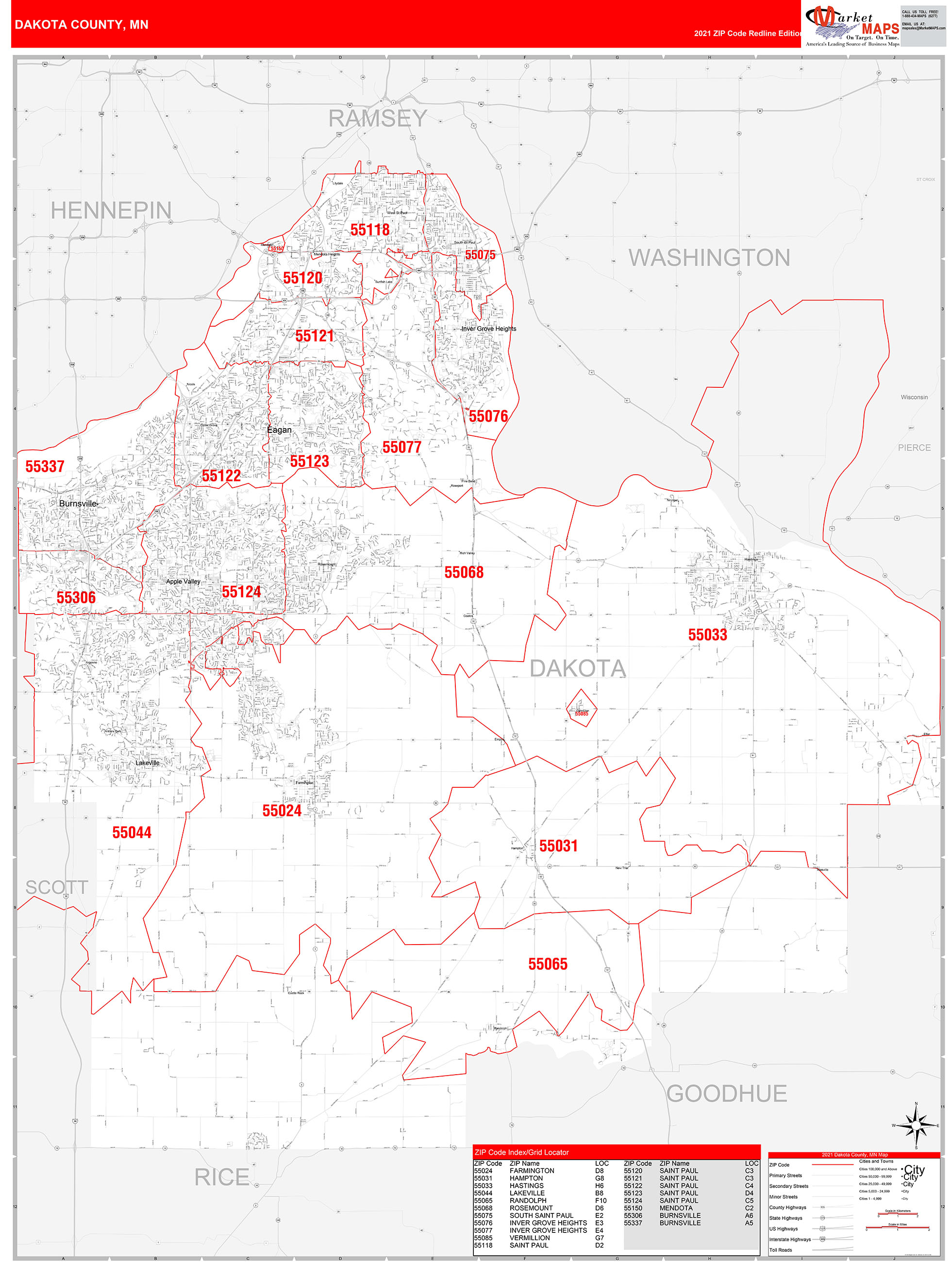 Dakota County Mn Zip Code Wall Map Red Line Style By Marketmaps Mapsales