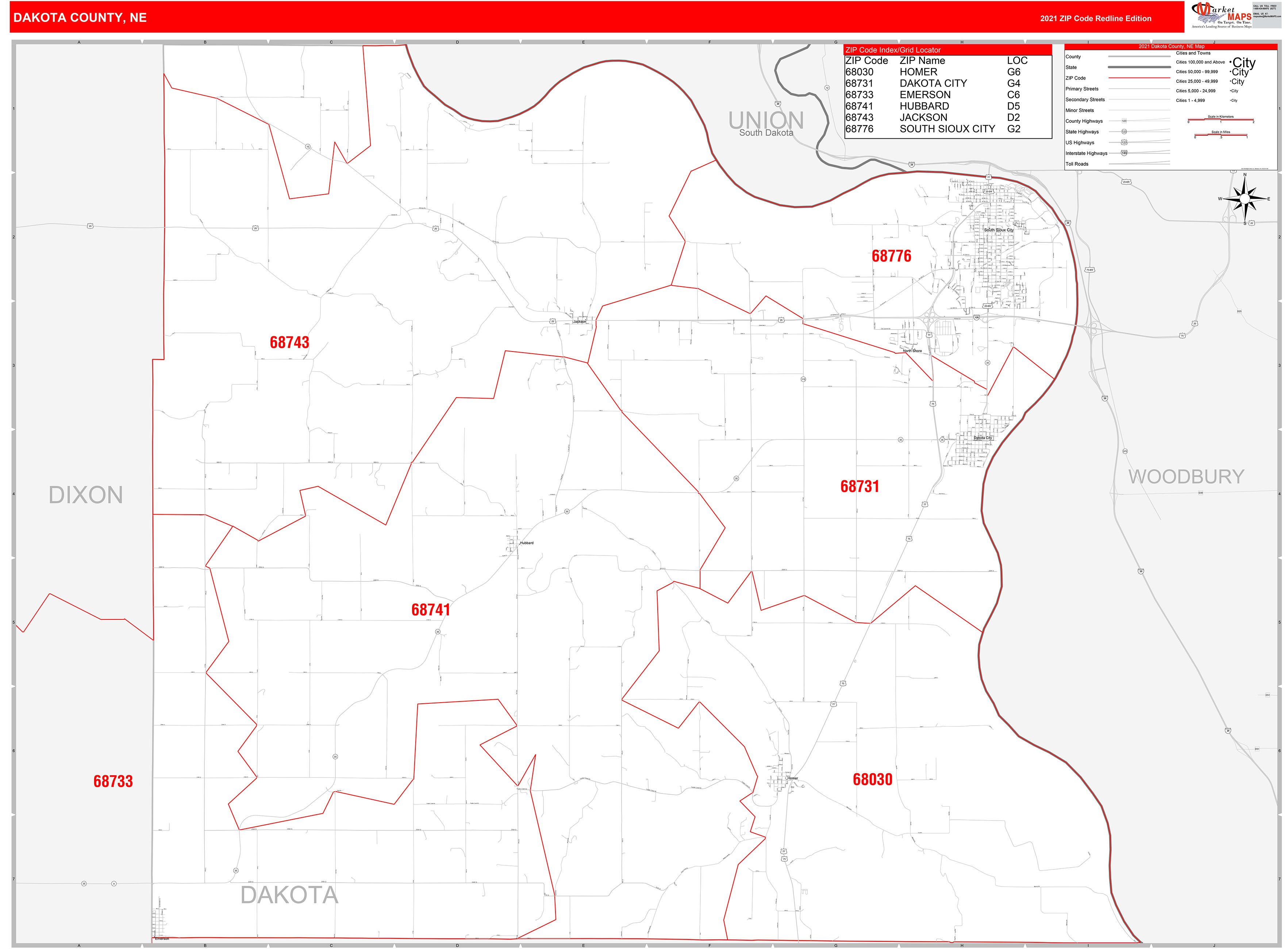 Dakota County, NE Zip Code Wall Map Red Line Style by MarketMAPS