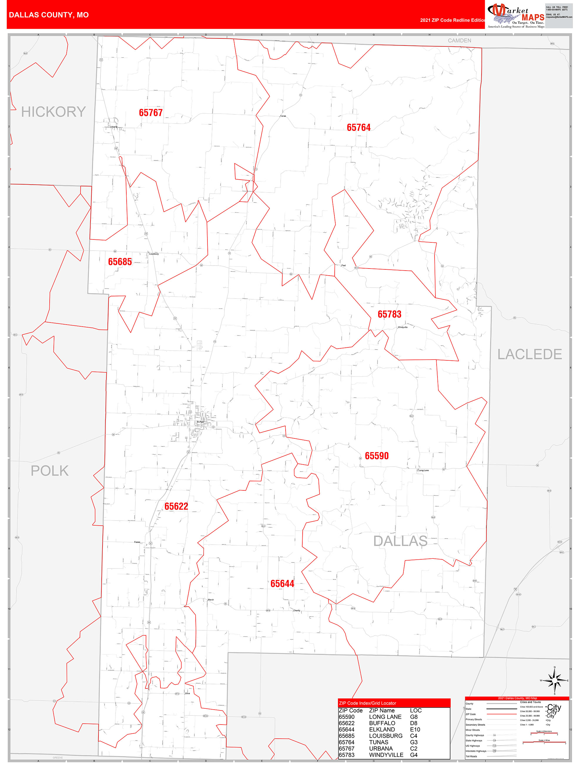 Dallas County, MO Zip Code Wall Map Red Line Style by MarketMAPS - MapSales