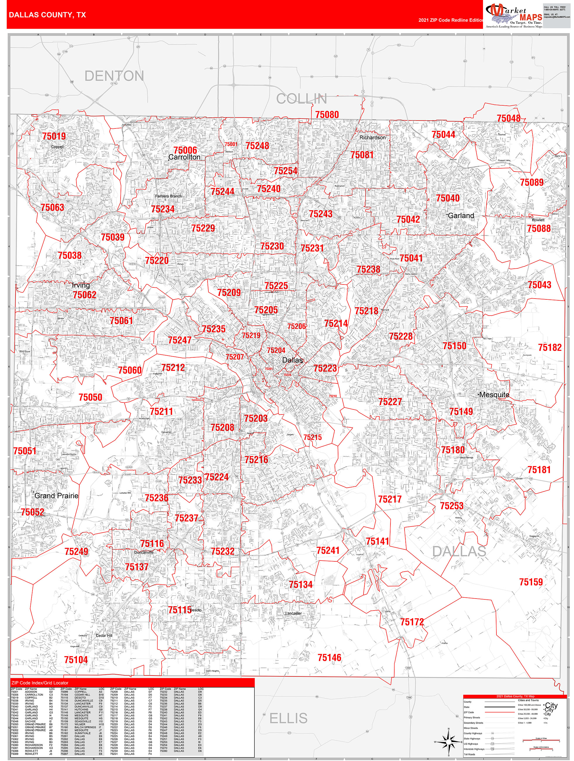 Dallas County Tx Zip Code Wall Map Red Line Style By Marketmaps 0096