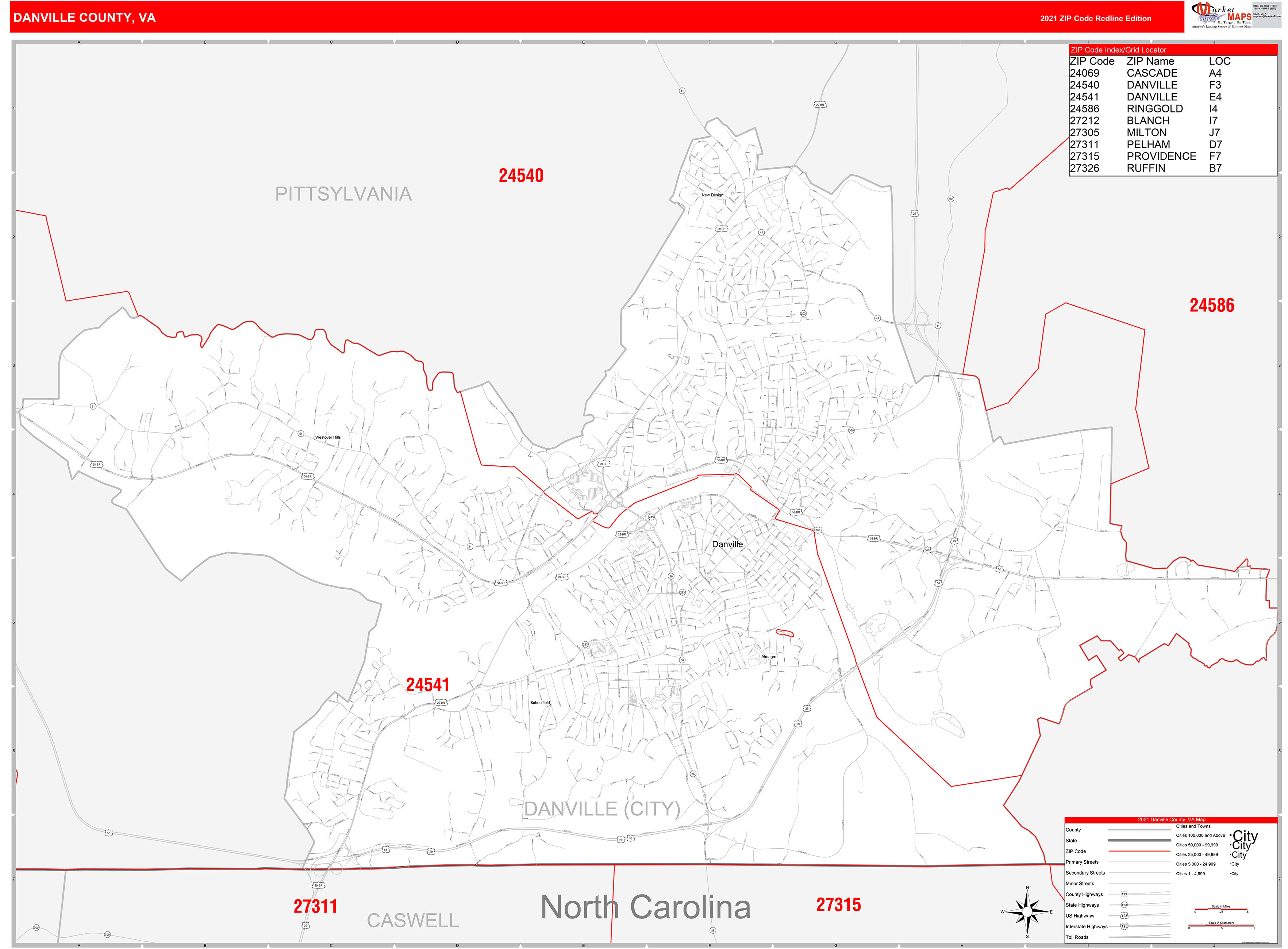 Danville County, VA Zip Code Wall Map Red Line Style by MarketMAPS ...