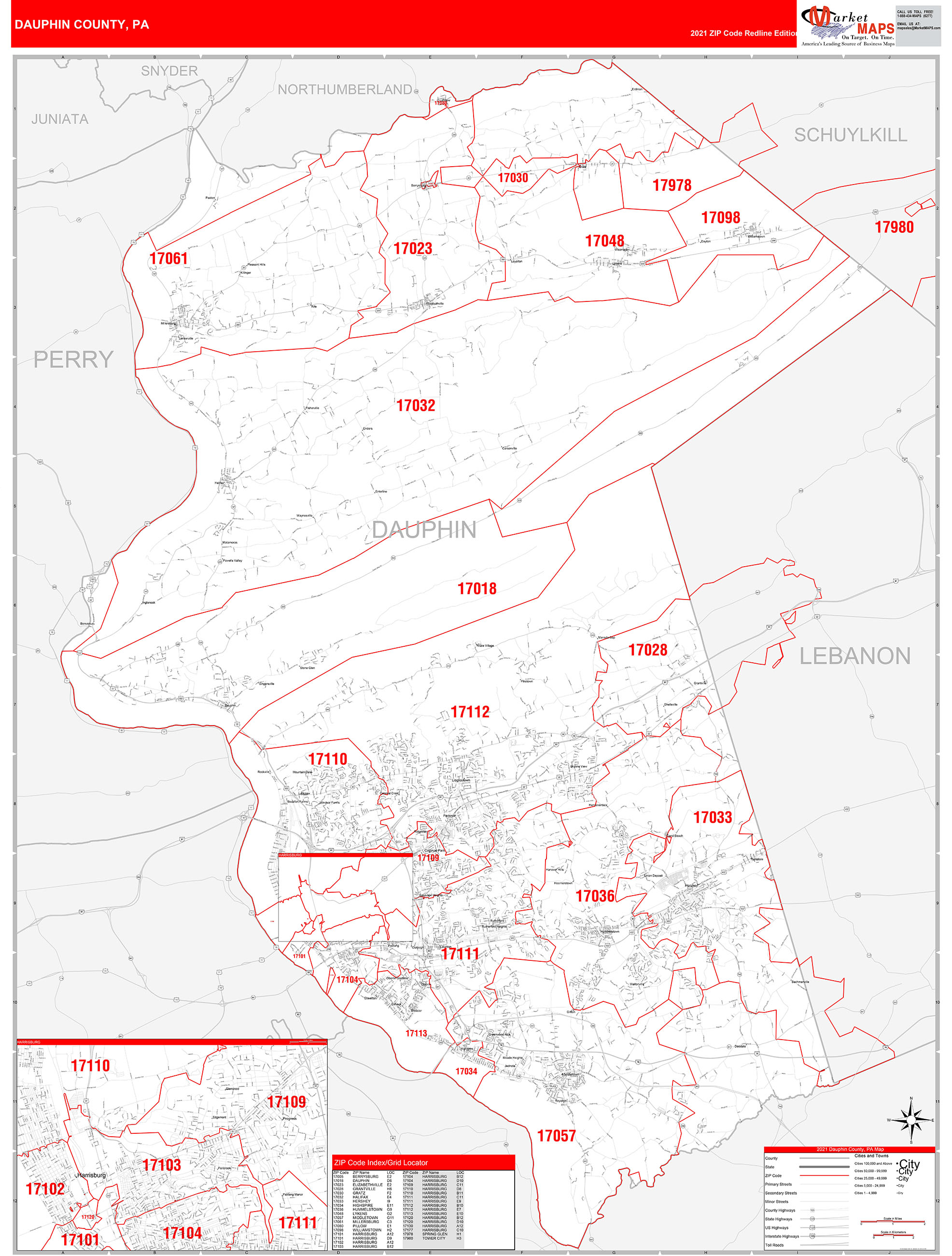 Dauphin County, PA Zip Code Wall Map Red Line Style by MarketMAPS ...