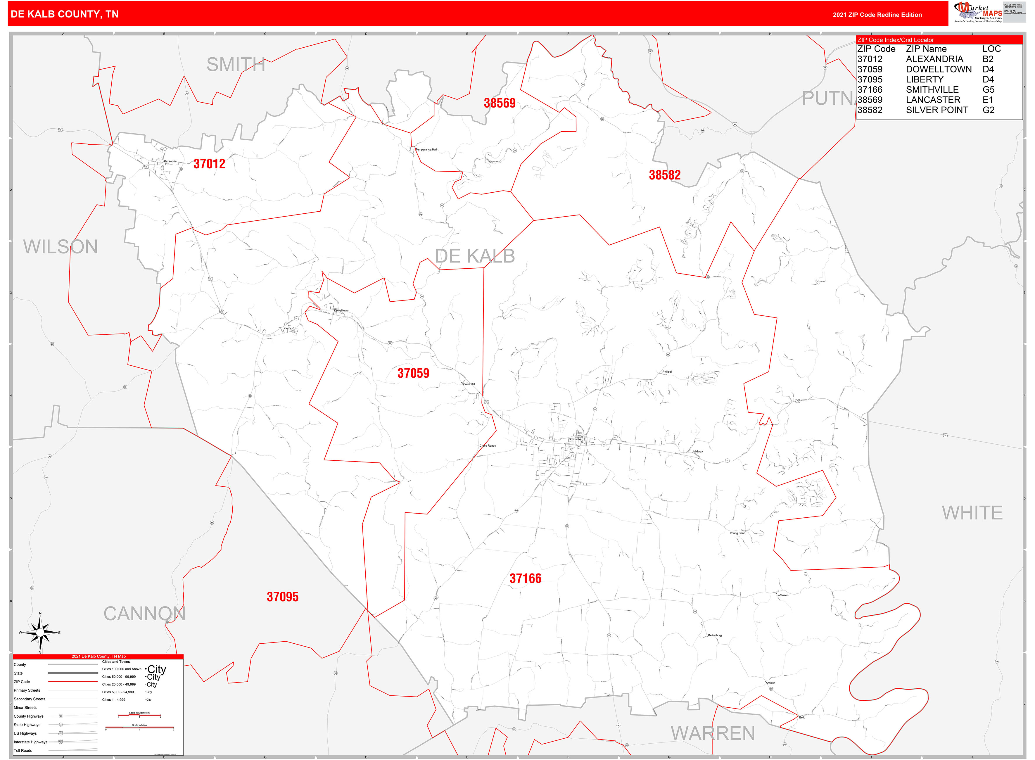 Dekalb County Tn Zip Code Wall Map Red Line Style By Marketmaps 7010