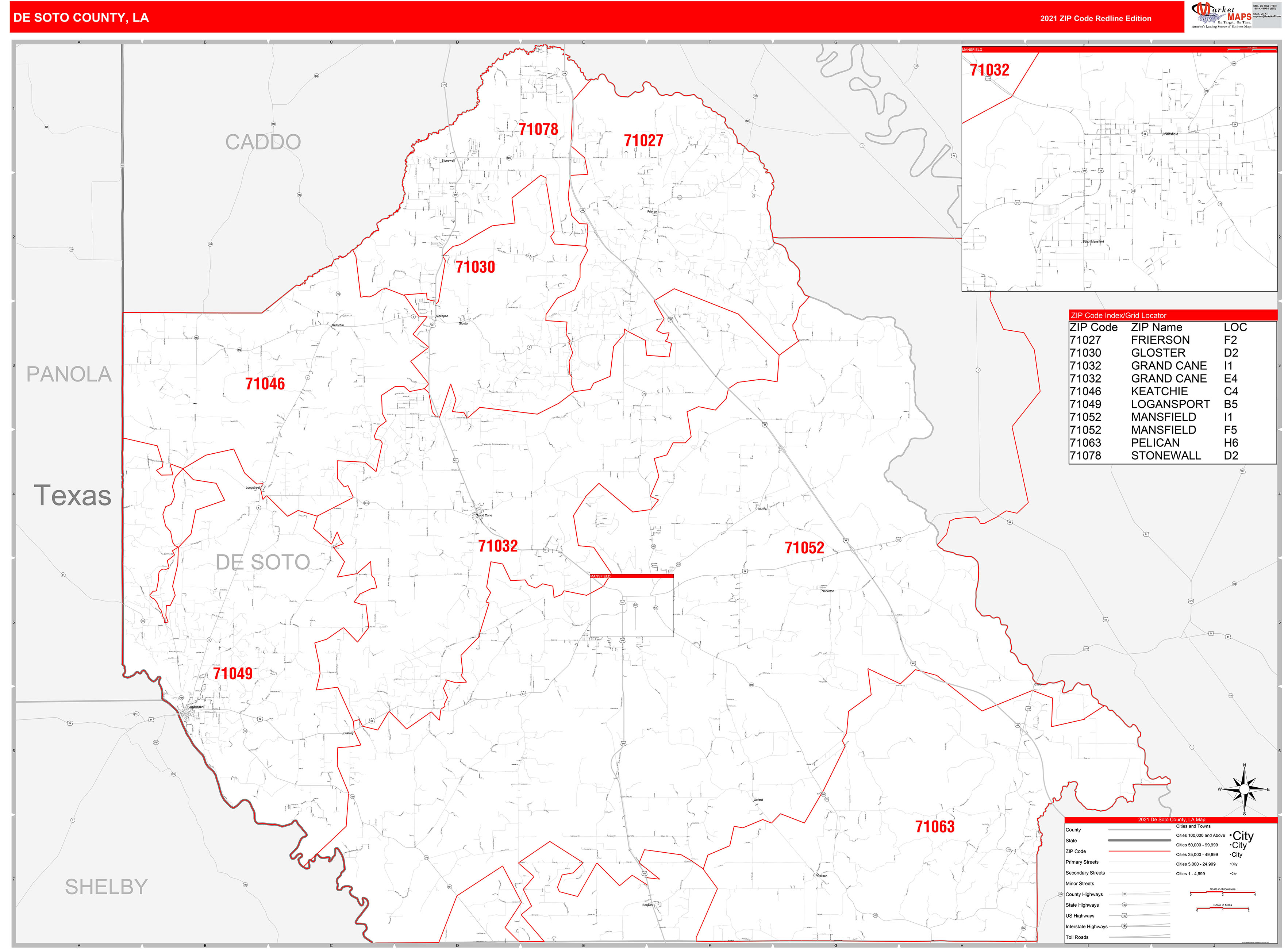 Desoto County La Zip Code Wall Map Red Line Style By Marketmaps Mapsales 7133