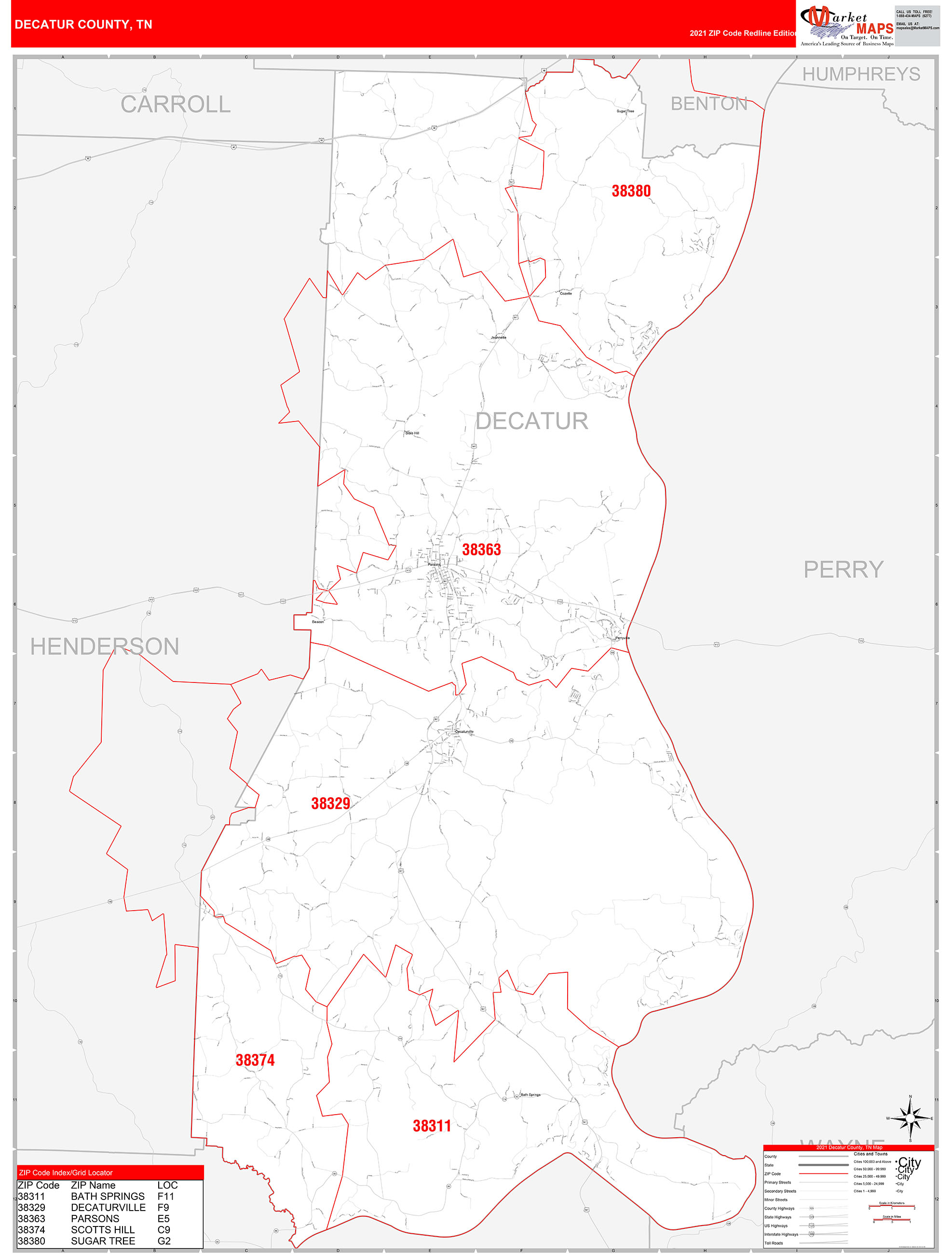 Decatur County, TN Zip Code Wall Map Red Line Style by MarketMAPS ...