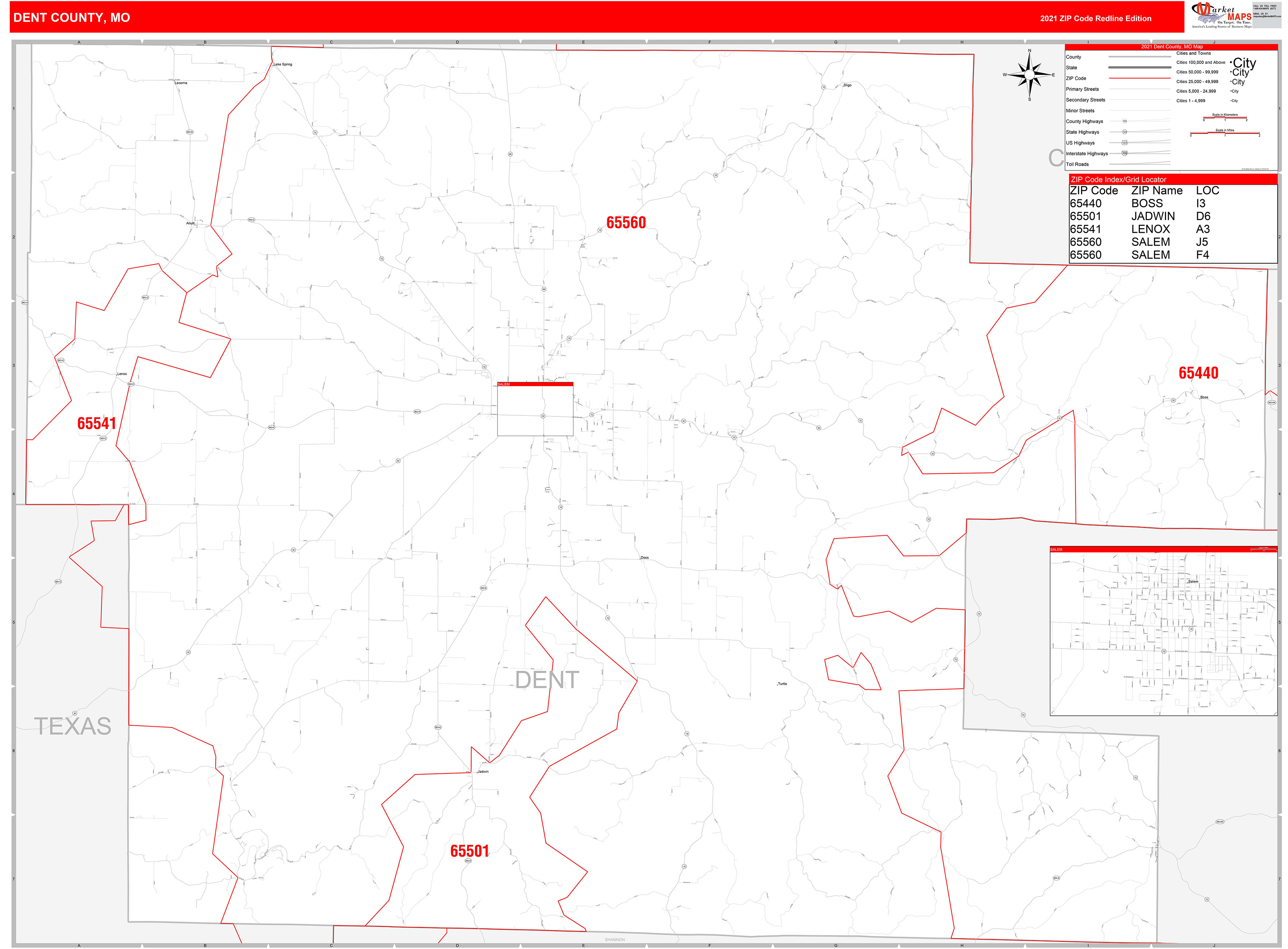 Dent County, MO Zip Code Wall Map Red Line Style by MarketMAPS - MapSales