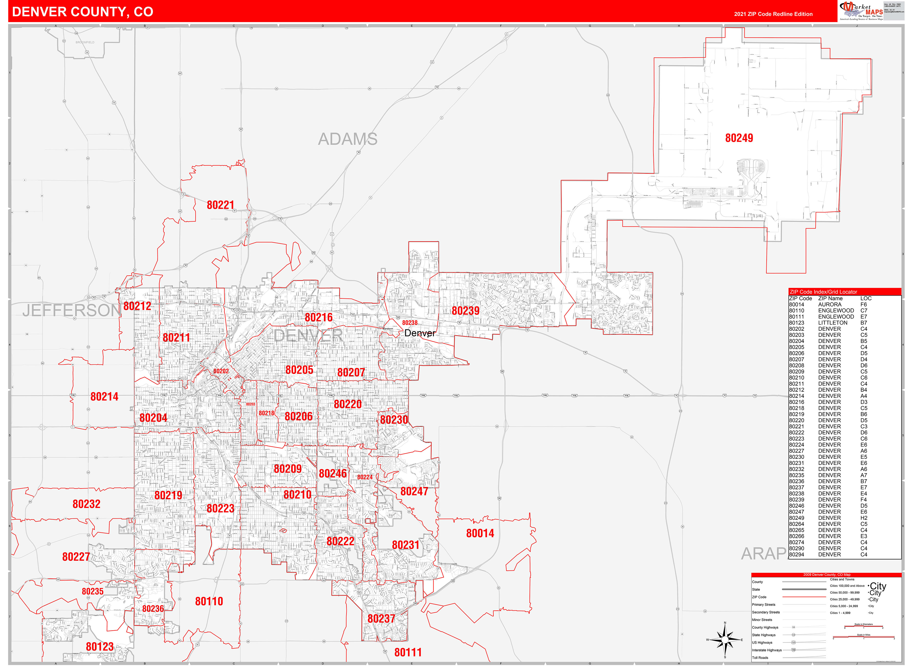 Denver County, CO Zip Code Wall Map Red Line Style by MarketMAPS - MapSales