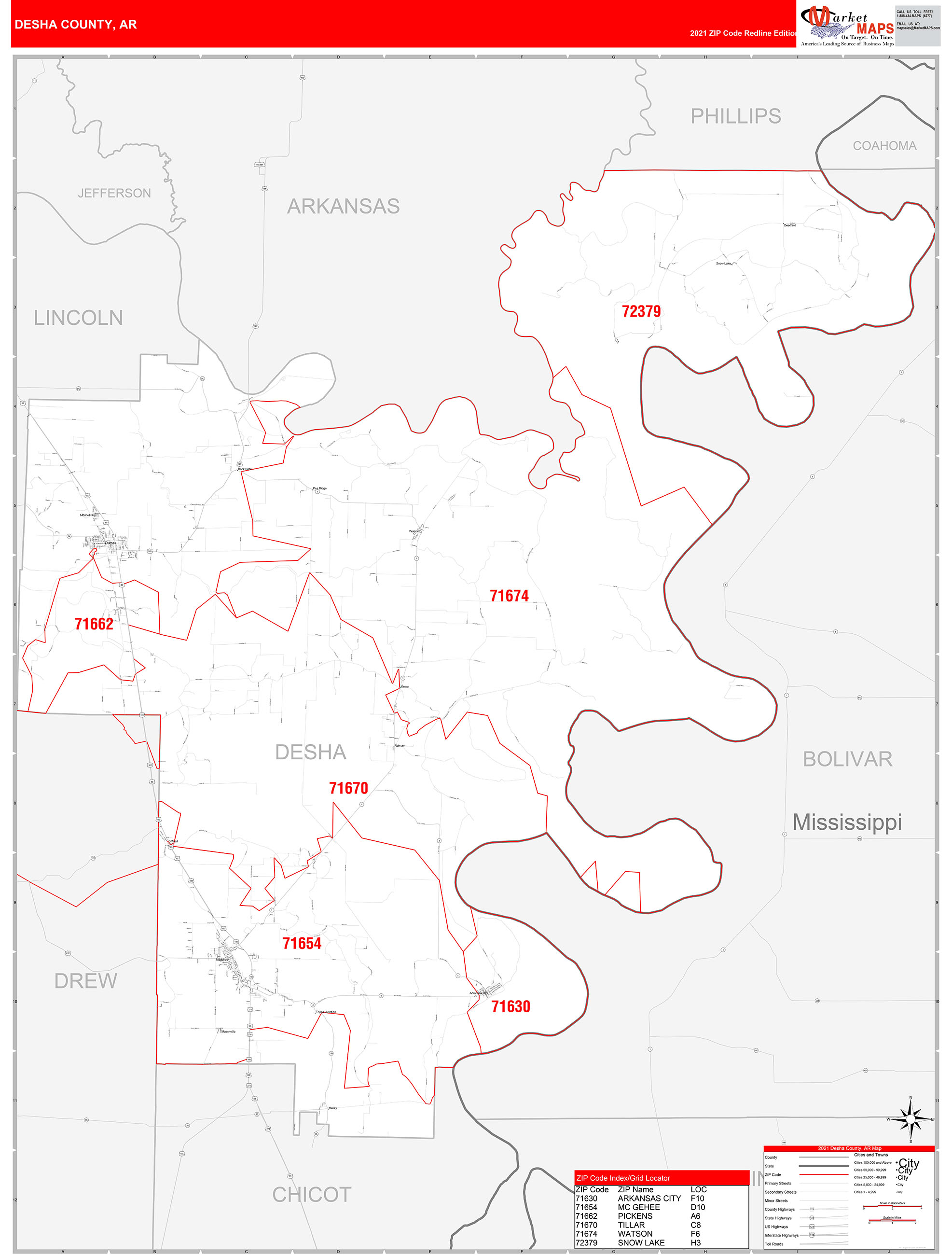 Desha County, AR Zip Code Wall Map Red Line Style by MarketMAPS ...