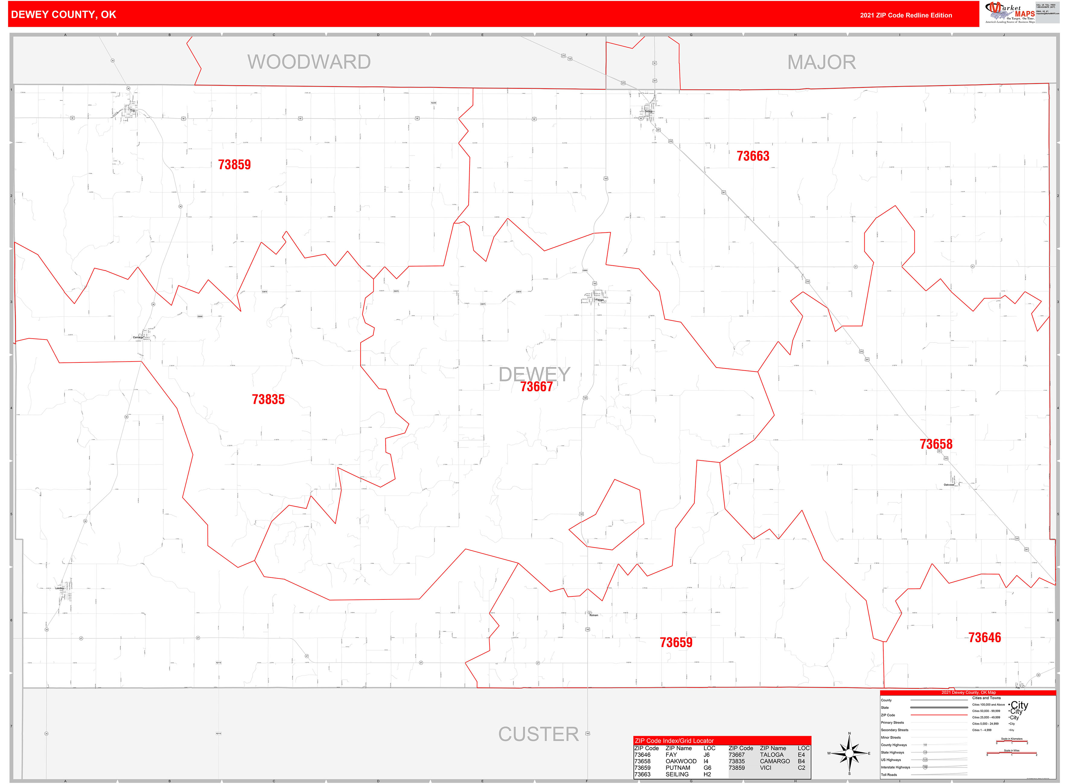 Dewey County, OK Zip Code Wall Map Red Line Style by MarketMAPS