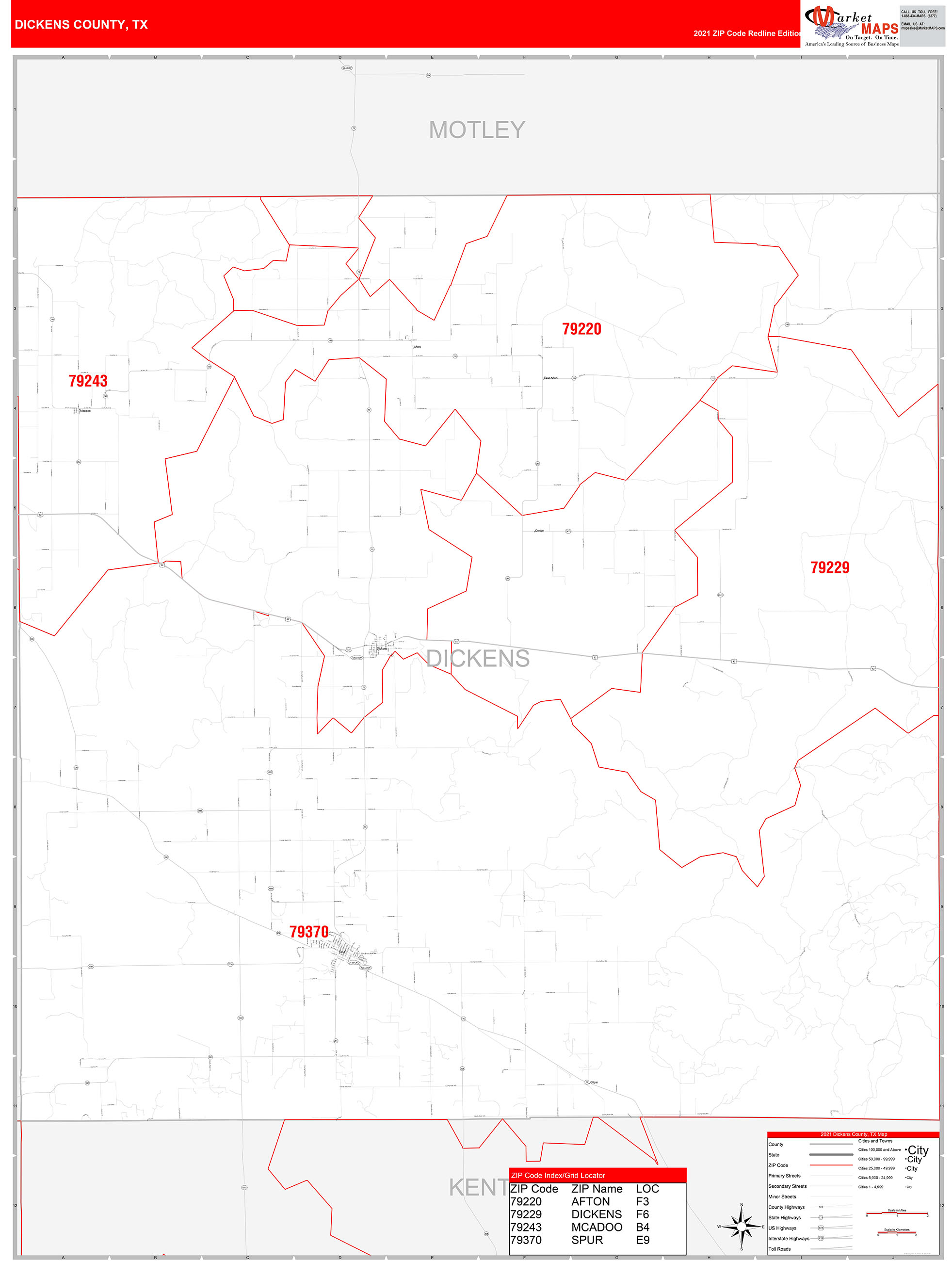 Dickens County, TX Zip Code Wall Map Red Line Style by MarketMAPS