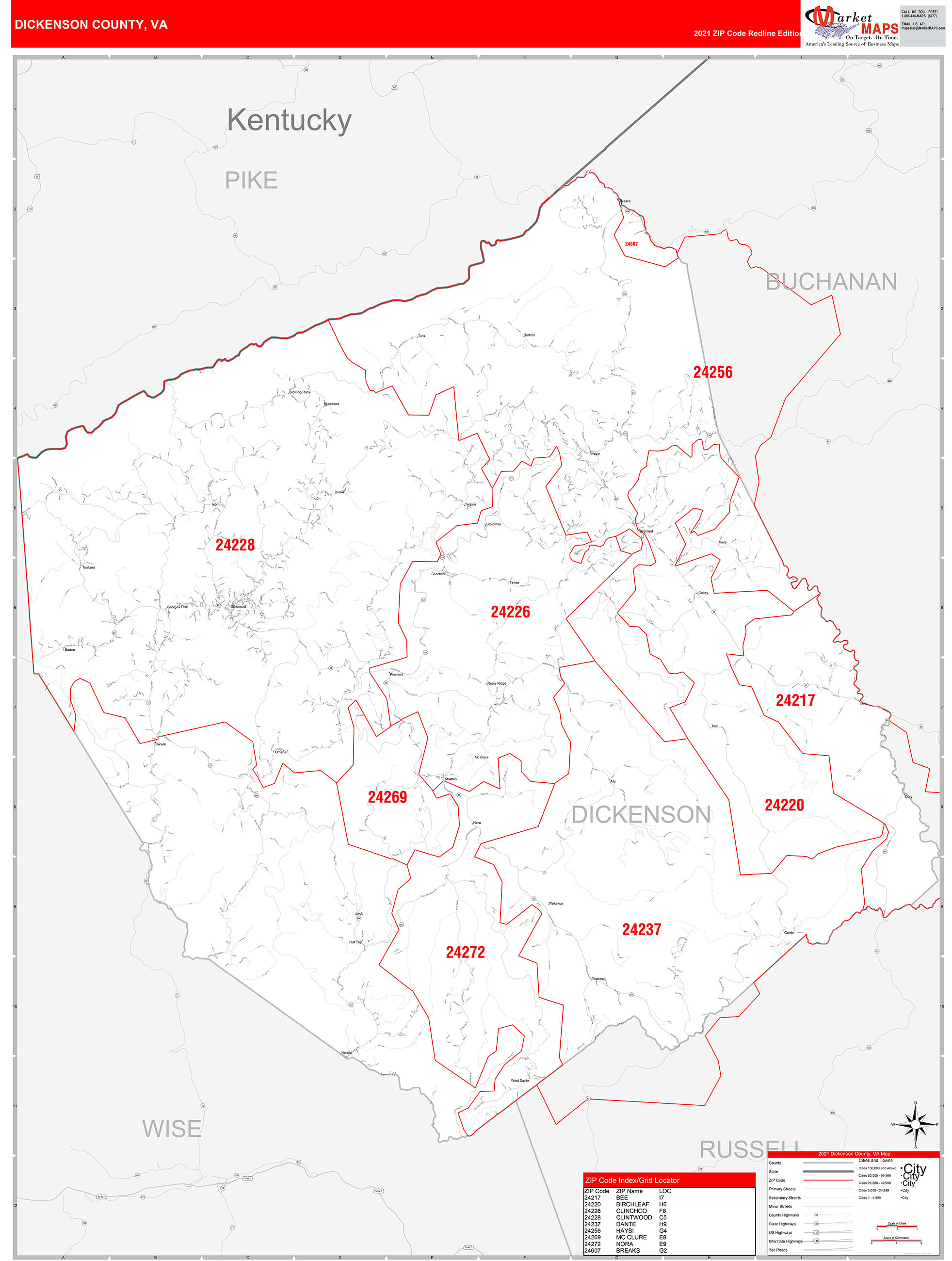 Dickenson County Va Zip Code Wall Map Red Line Style By Marketmaps 0040