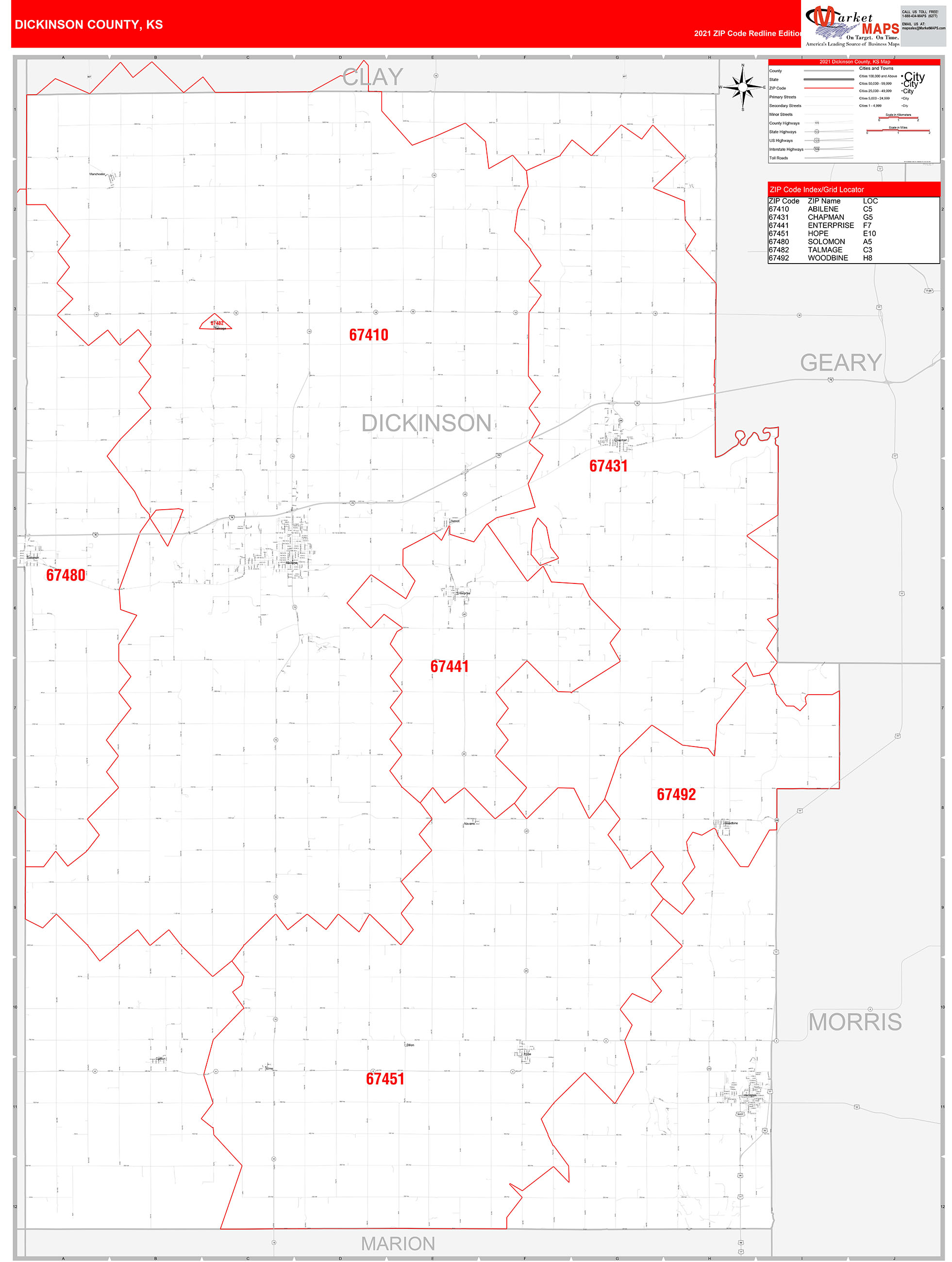 Dickinson County Ks Zip Code Wall Map Red Line Style By Marketmaps Mapsales