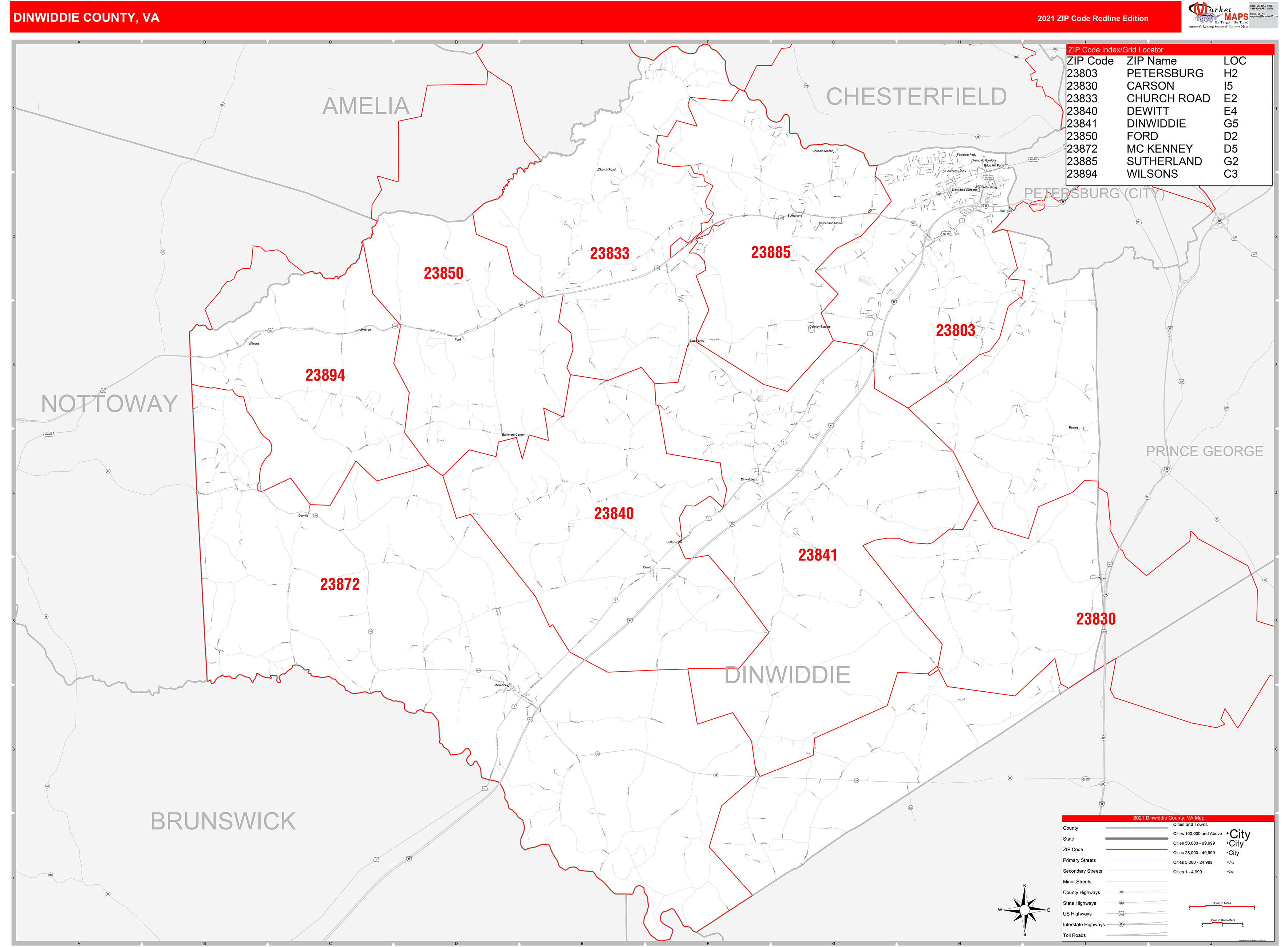 Dinwiddie County, VA Zip Code Wall Map Red Line Style by MarketMAPS ...