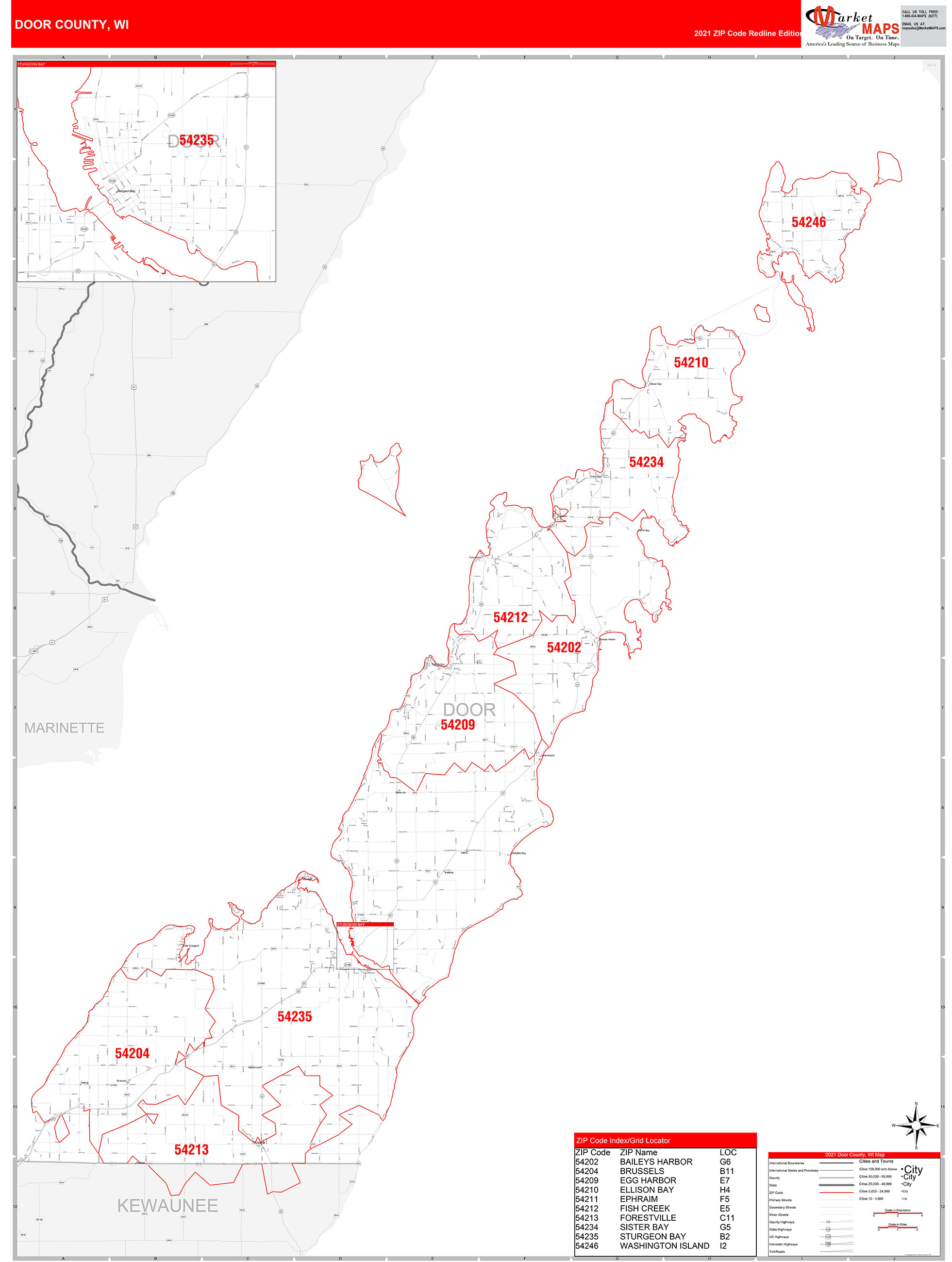 Door County Wi Zip Code Wall Map Red Line Style By Marketmaps Mapsales 8970