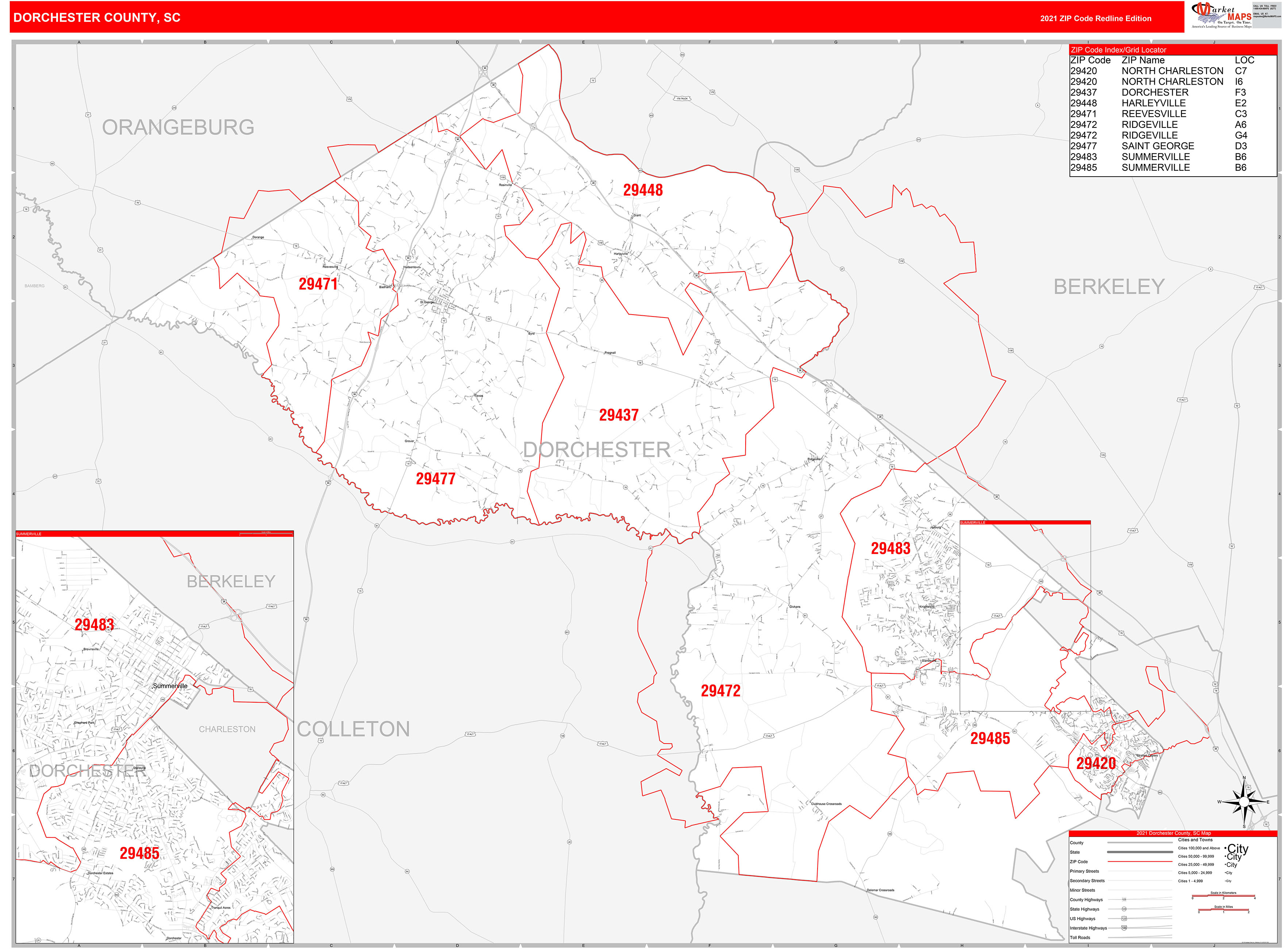 Dorchester County SC Zip Code Wall Map Red Line Style by MarketMAPS