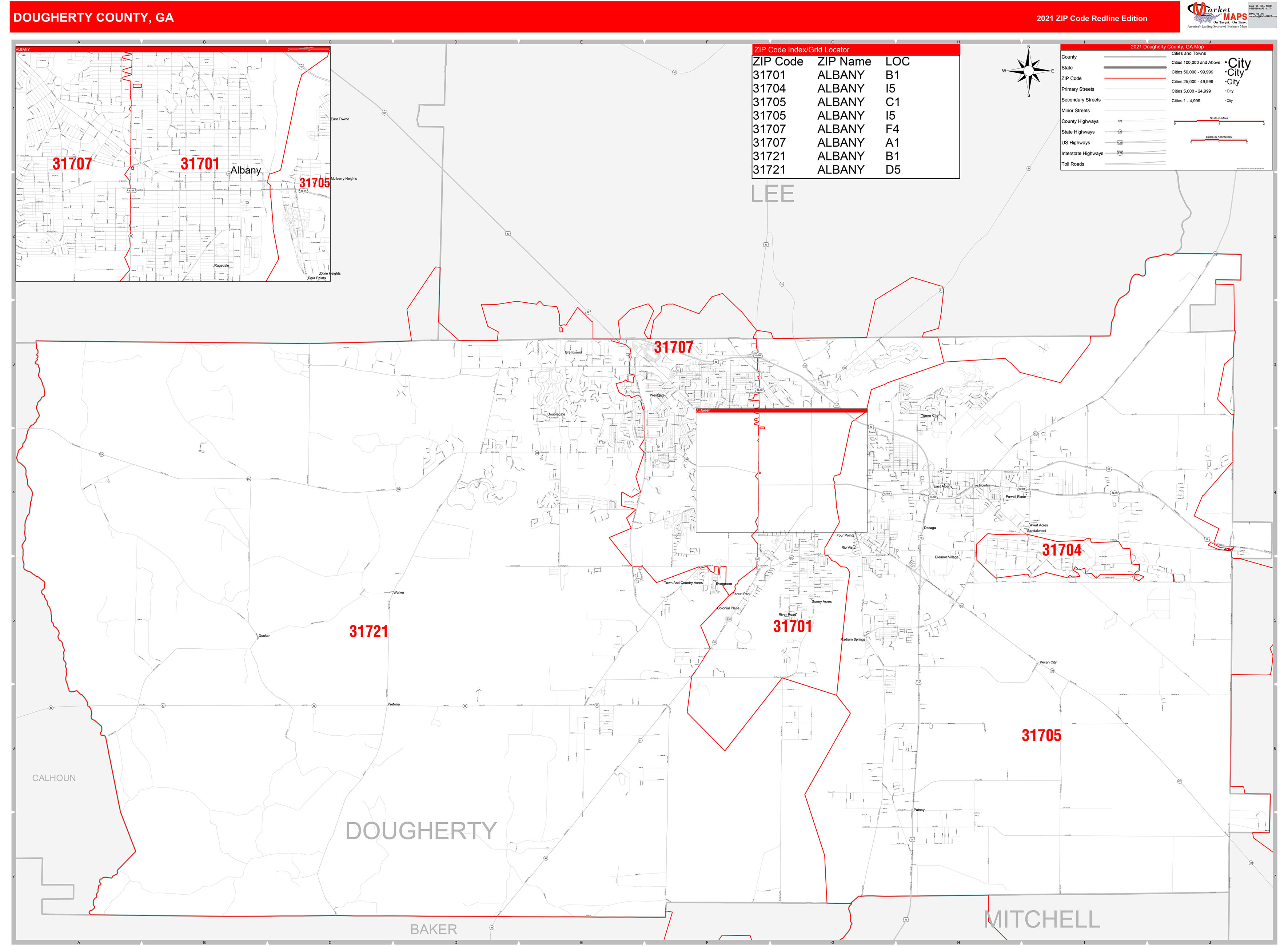 Dougherty County Ga Zip Code Wall Map Red Line Style By Marketmaps Mapsales 6437