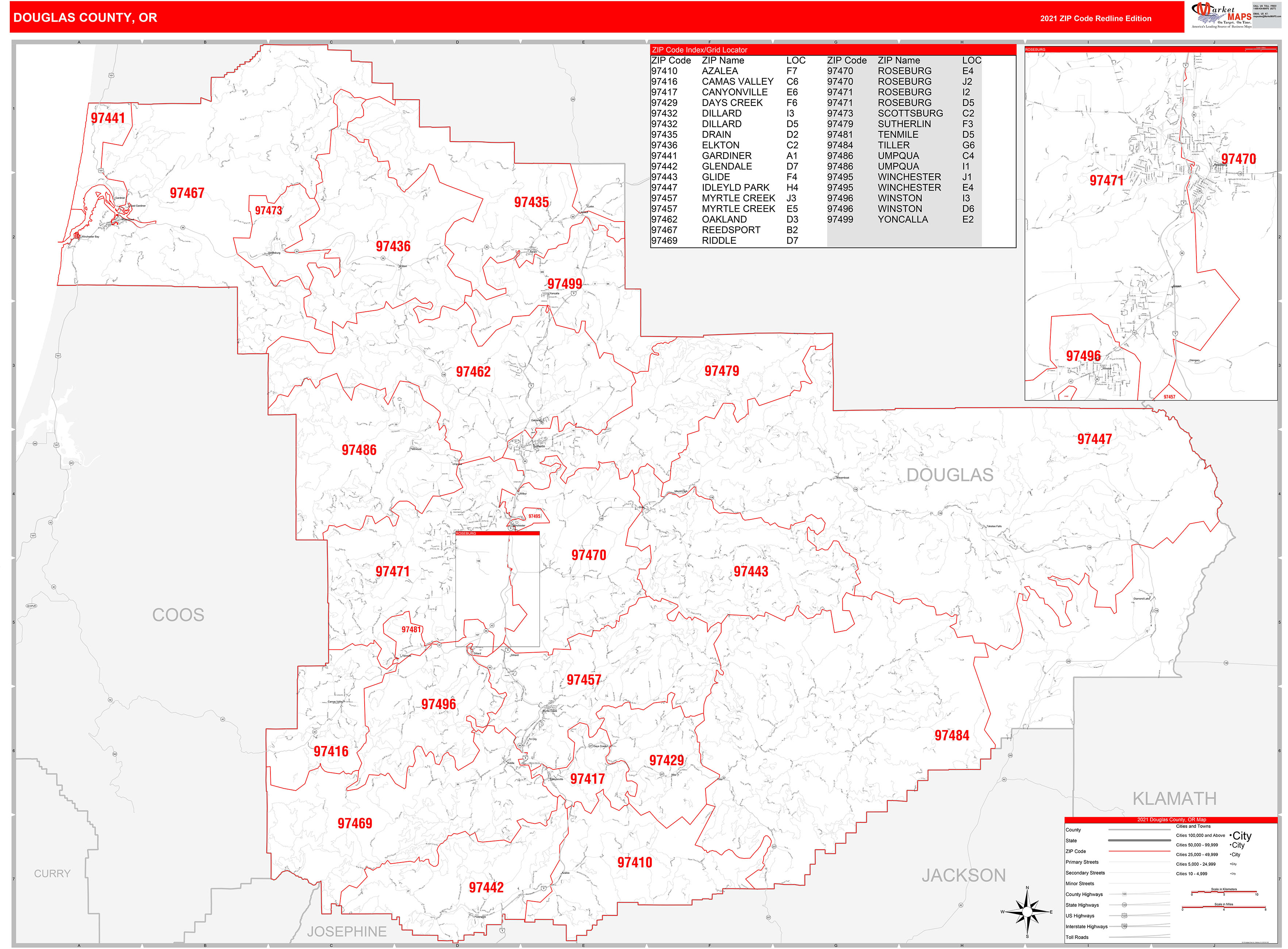 Douglas County, OR Zip Code Wall Map Red Line Style by MarketMAPS