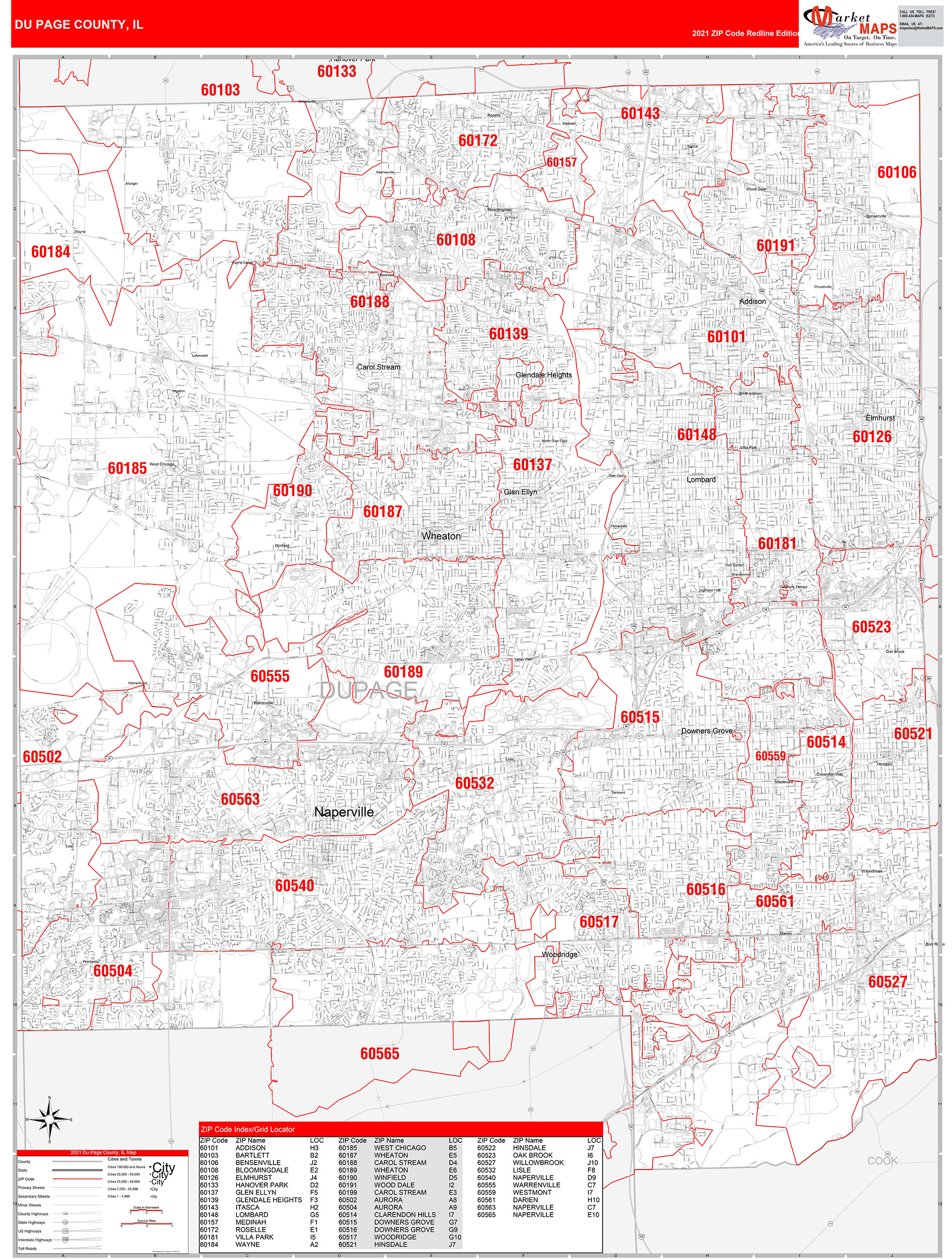 DuPage County, IL Zip Code Wall Map Red Line Style by MarketMAPS