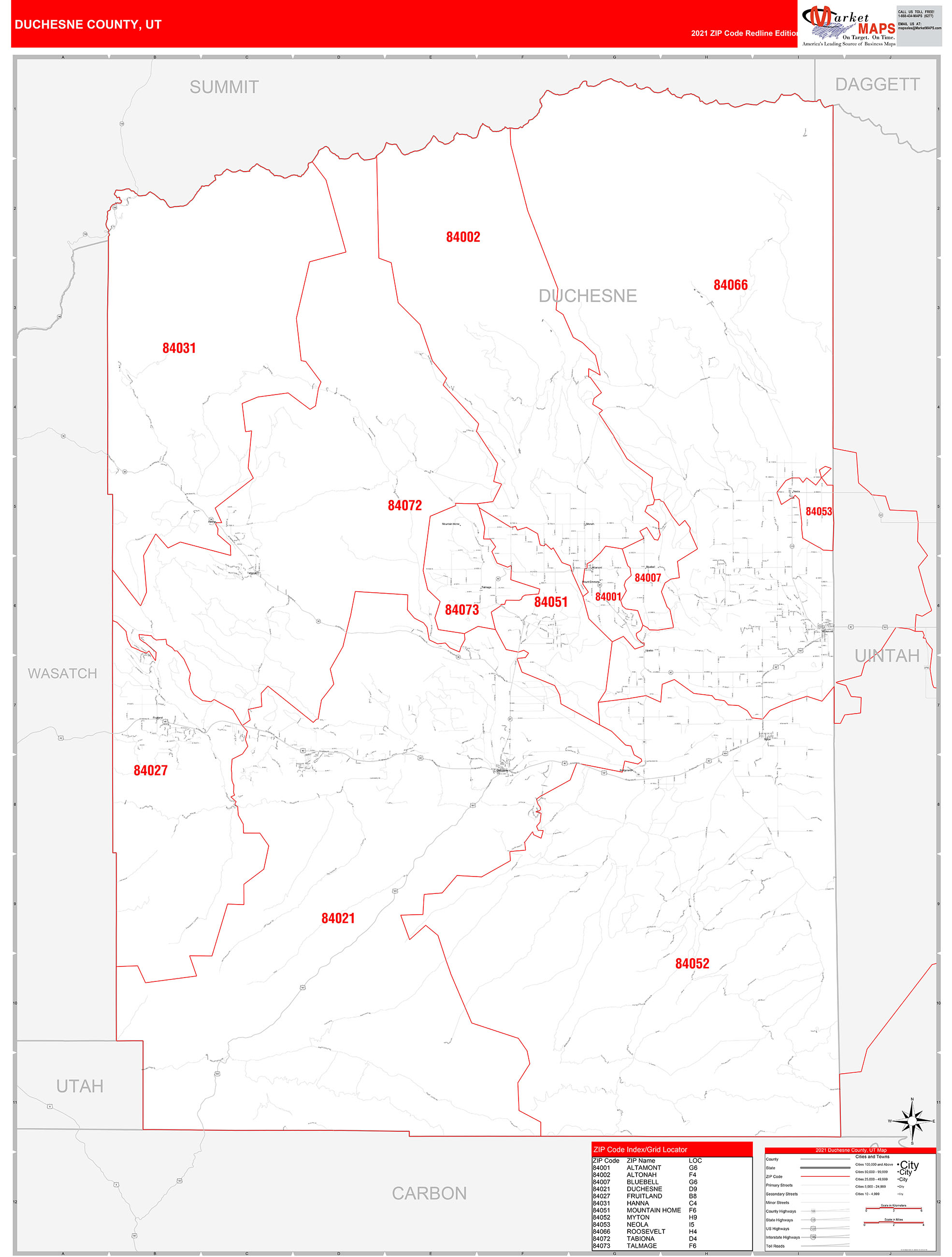 Duchesne County, UT Zip Code Wall Map Red Line Style by MarketMAPS