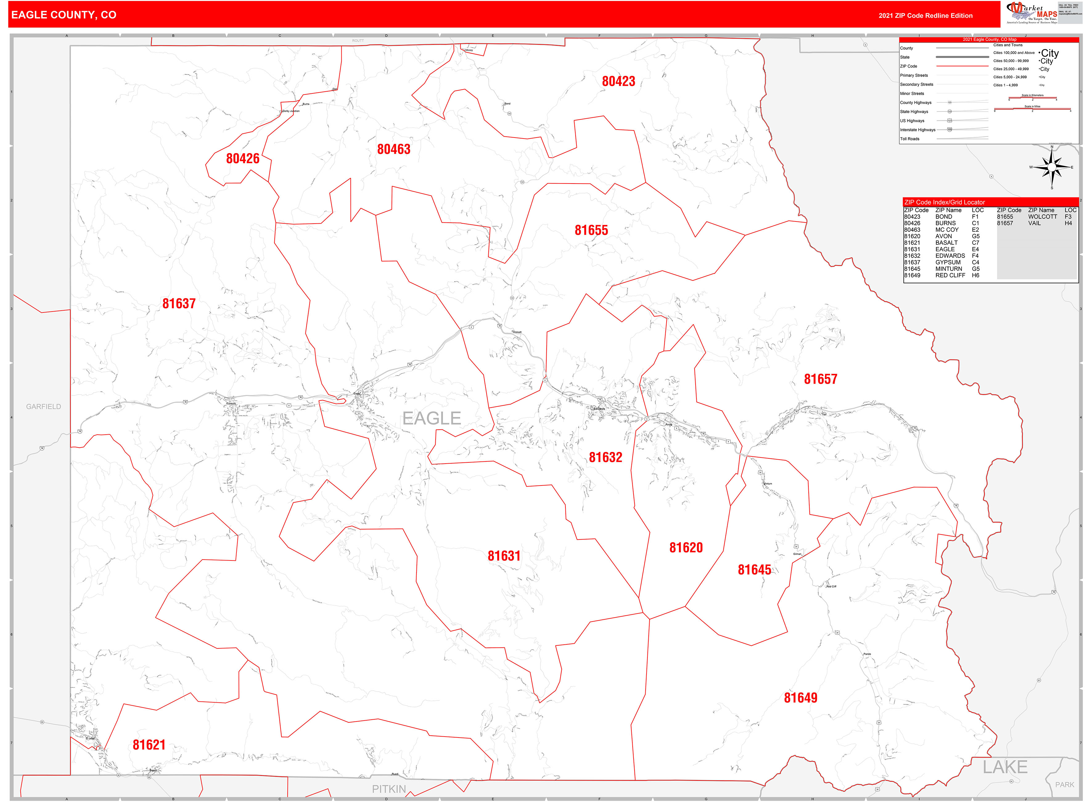 Eagle County, CO Zip Code Wall Map Red Line Style by MarketMAPS - MapSales