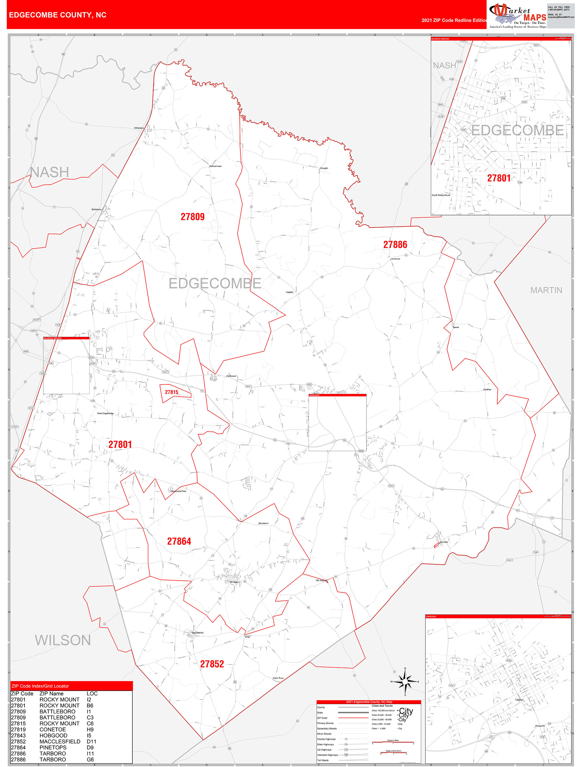 Edgecombe County, NC Zip Code Wall Map Red Line Style By MarketMAPS