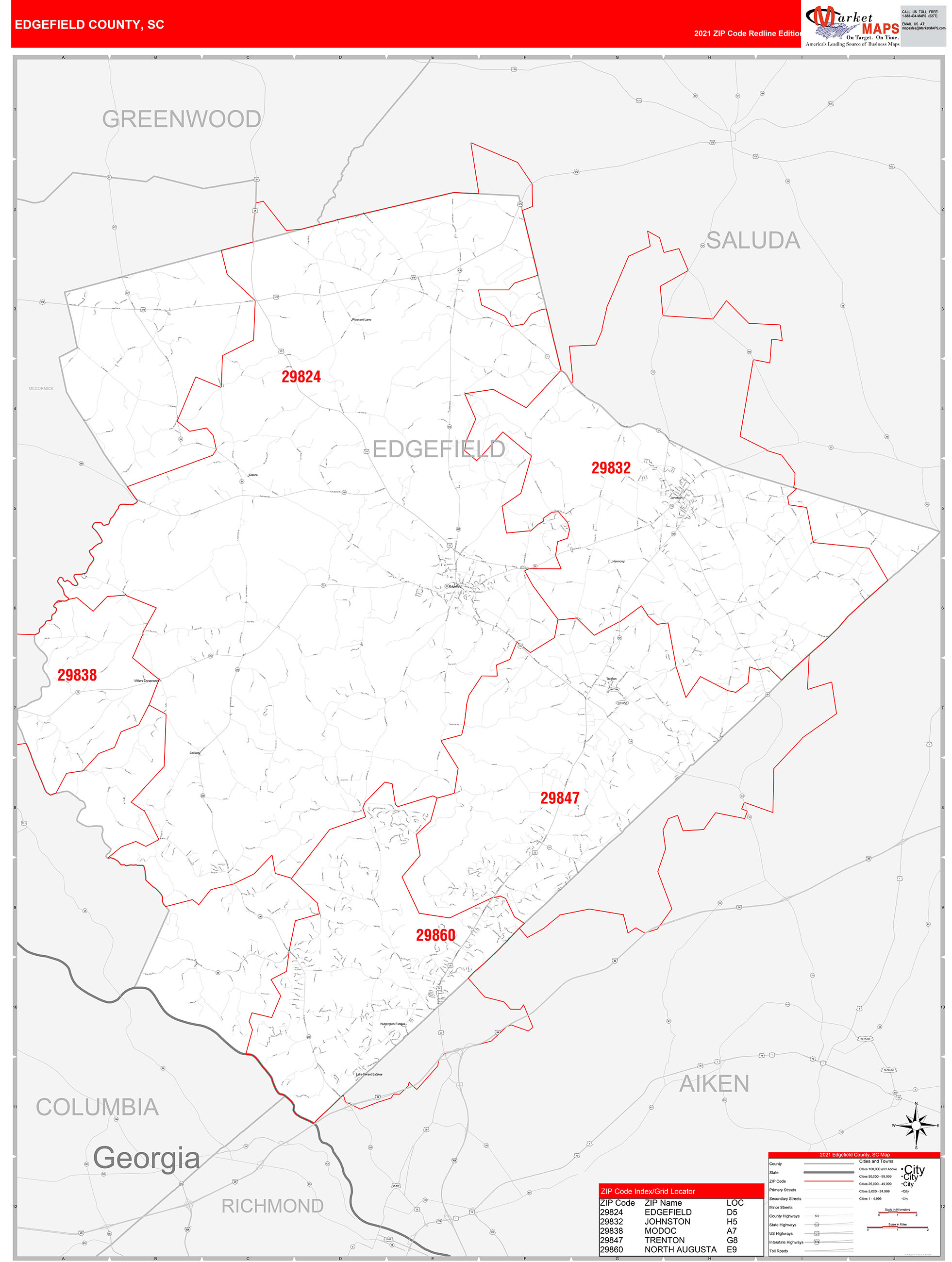 Edgefield County, SC Zip Code Wall Map Red Line Style by MarketMAPS