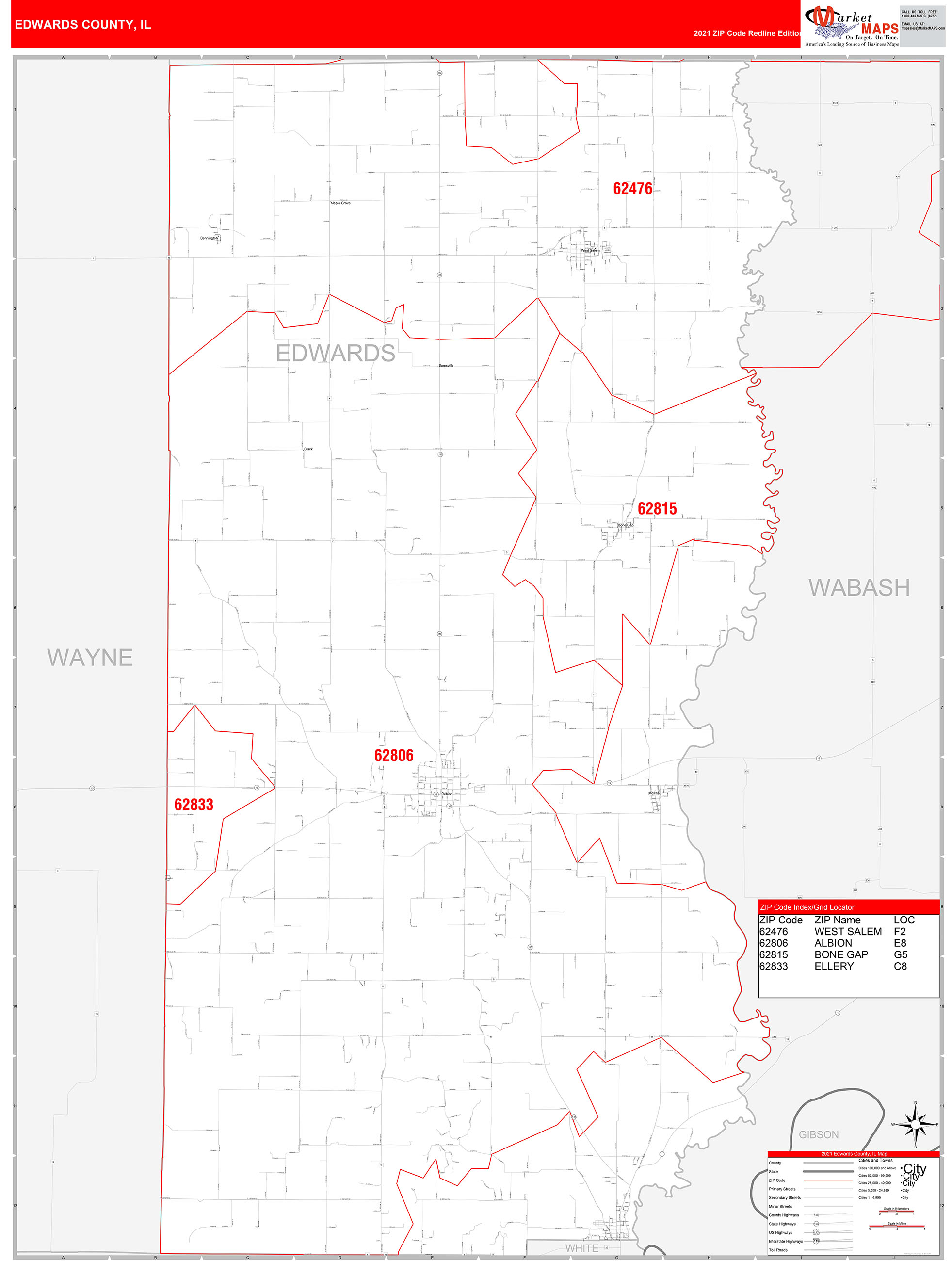 Edwards County, IL Zip Code Wall Map Red Line Style by MarketMAPS