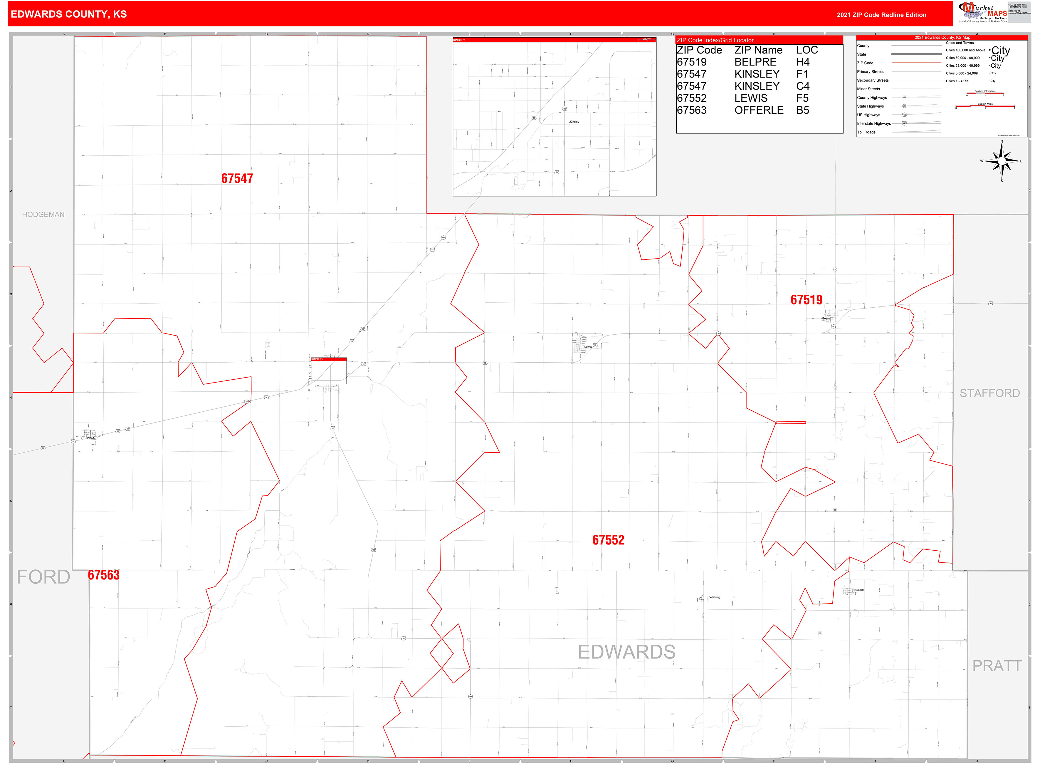 Edwards County, KS Zip Code Wall Map Red Line Style by MarketMAPS