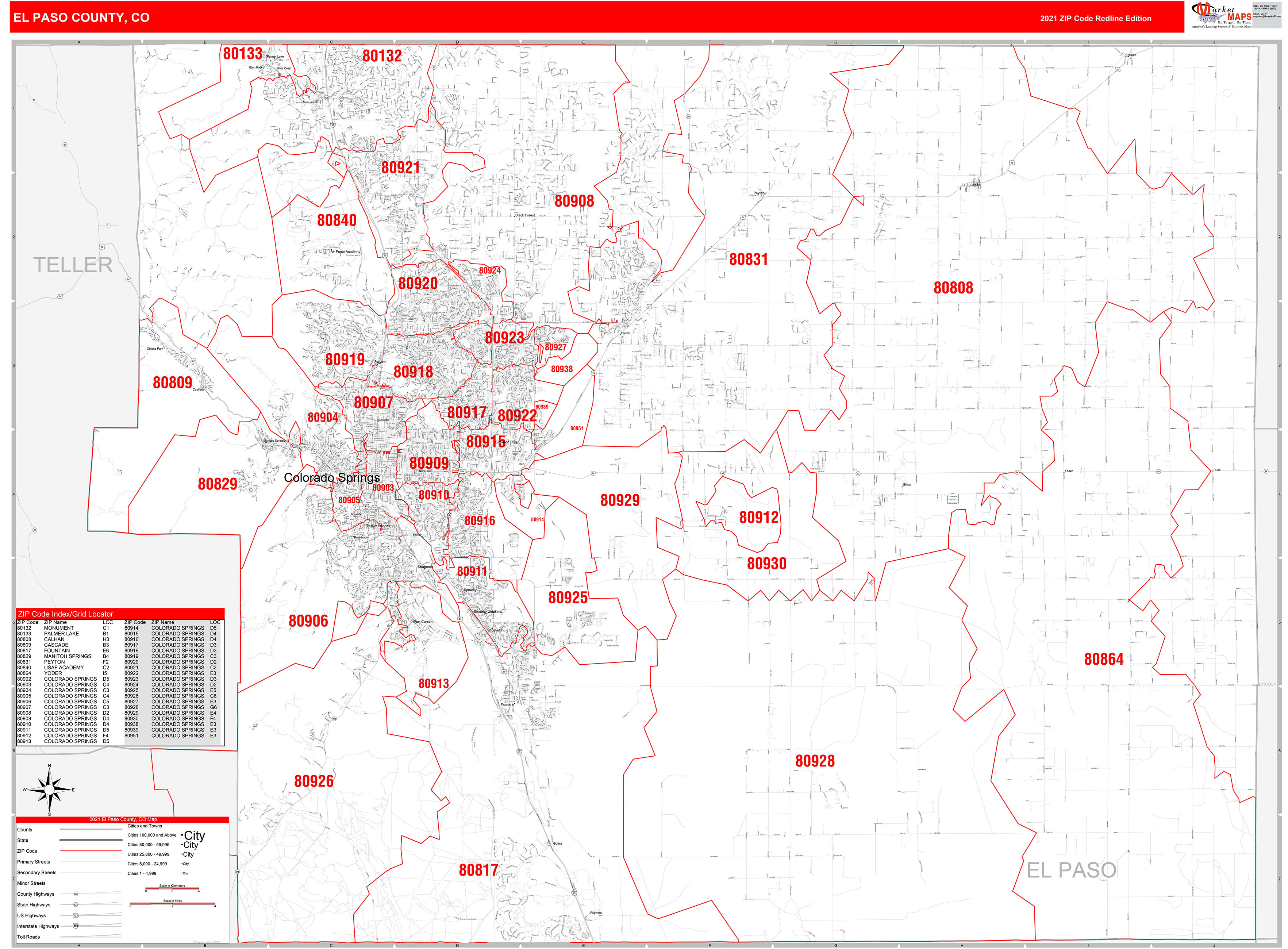 El Paso County Co Zip Code Wall Map Red Line Style By Marketmaps Mapsales 7477