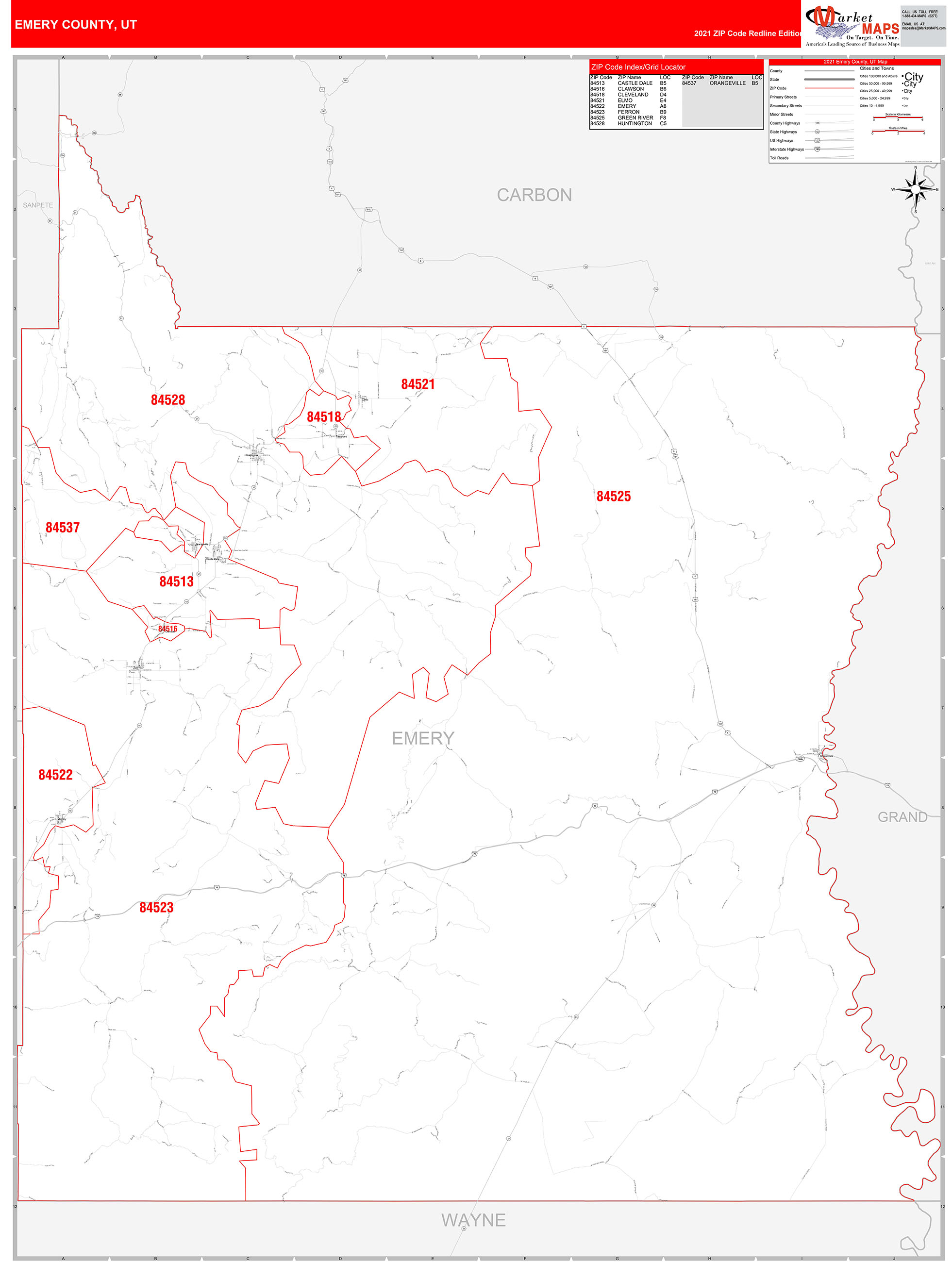 Emery County, UT Zip Code Wall Map Red Line Style by MarketMAPS