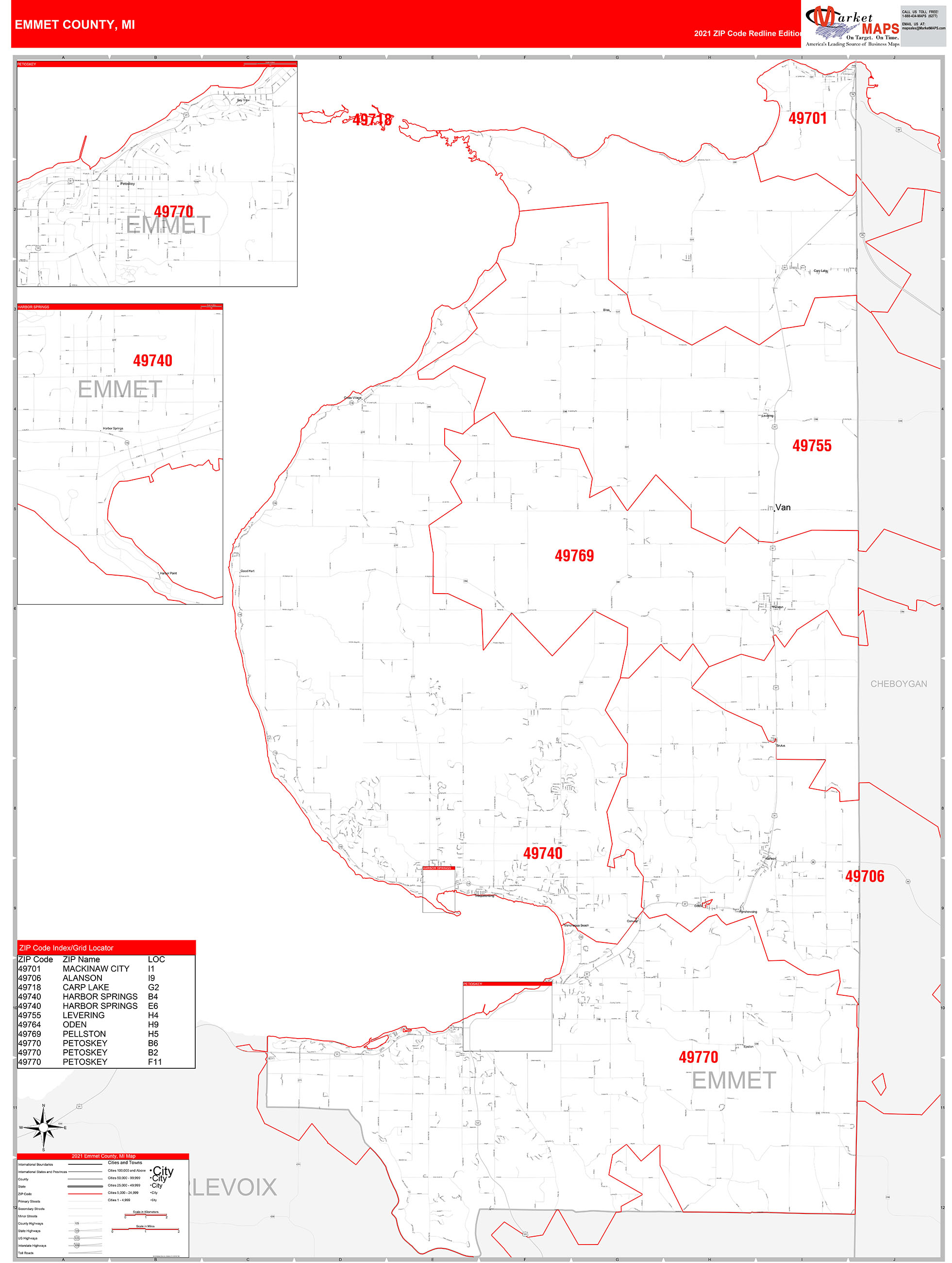Emmet County Mi Zip Code Wall Map Red Line Style By Marketmaps Mapsales 8924