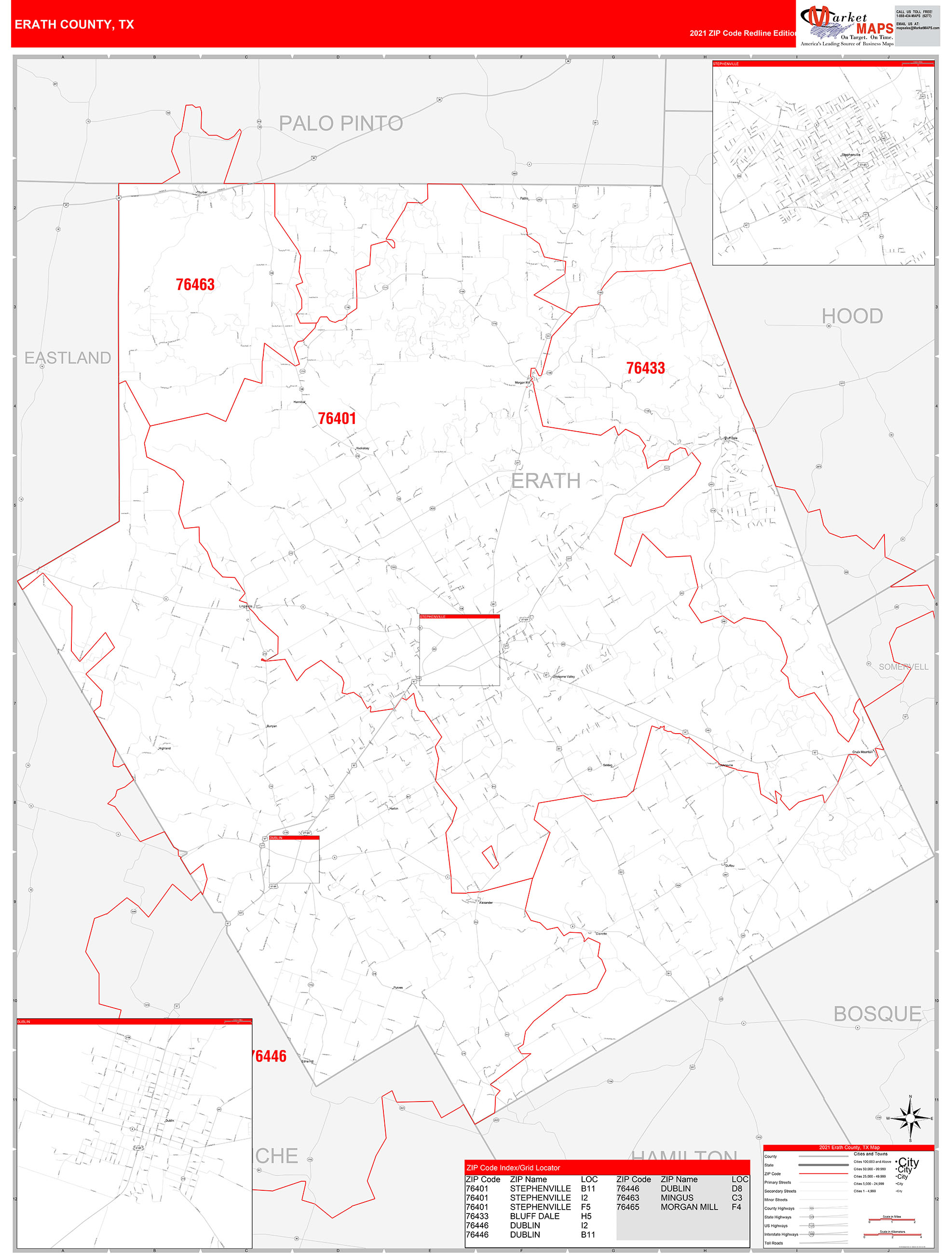 Erath County, TX Zip Code Wall Map Red Line Style by MarketMAPS