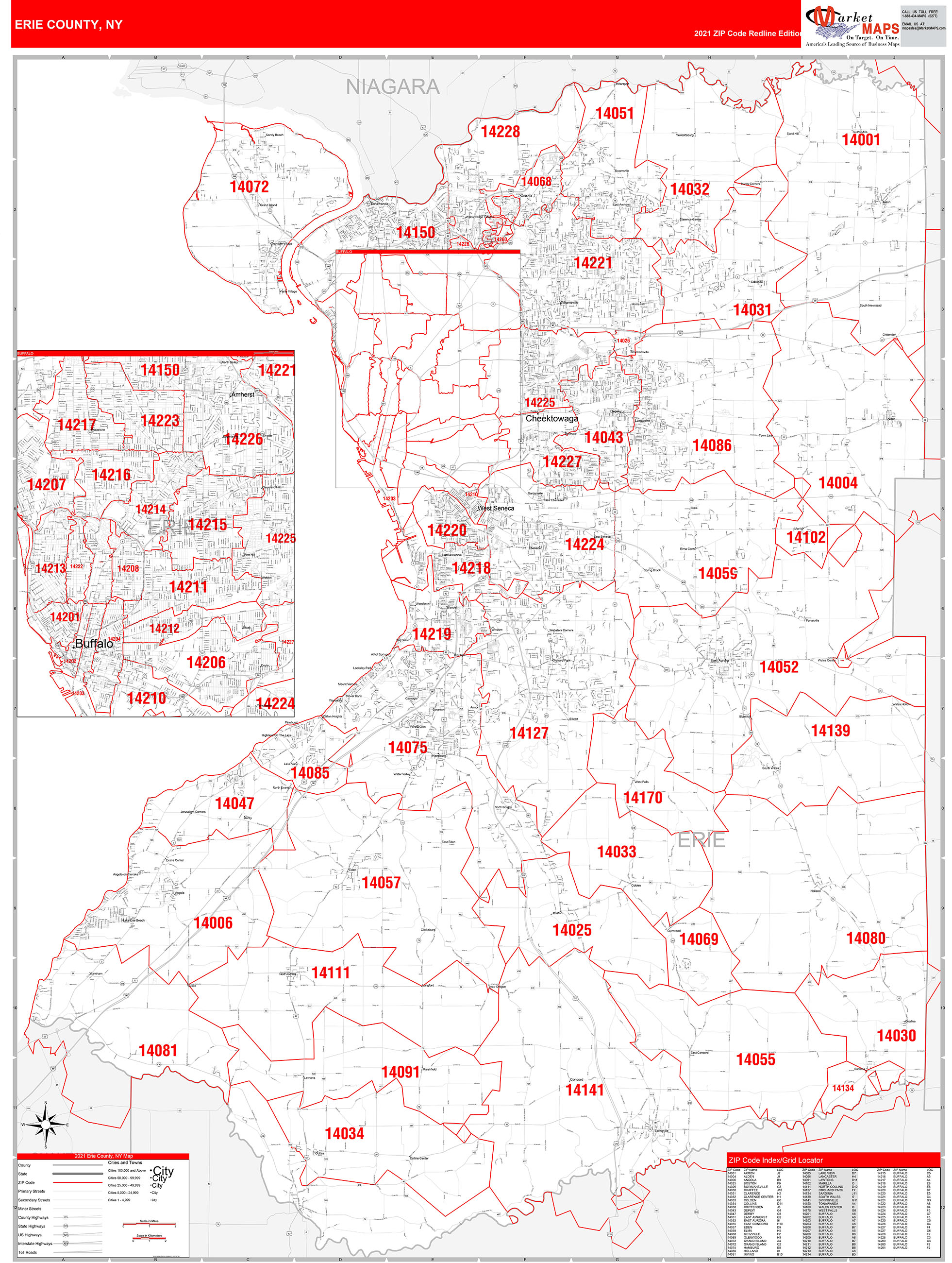 Erie County, NY Zip Code Wall Map Red Line Style by MarketMAPS - MapSales