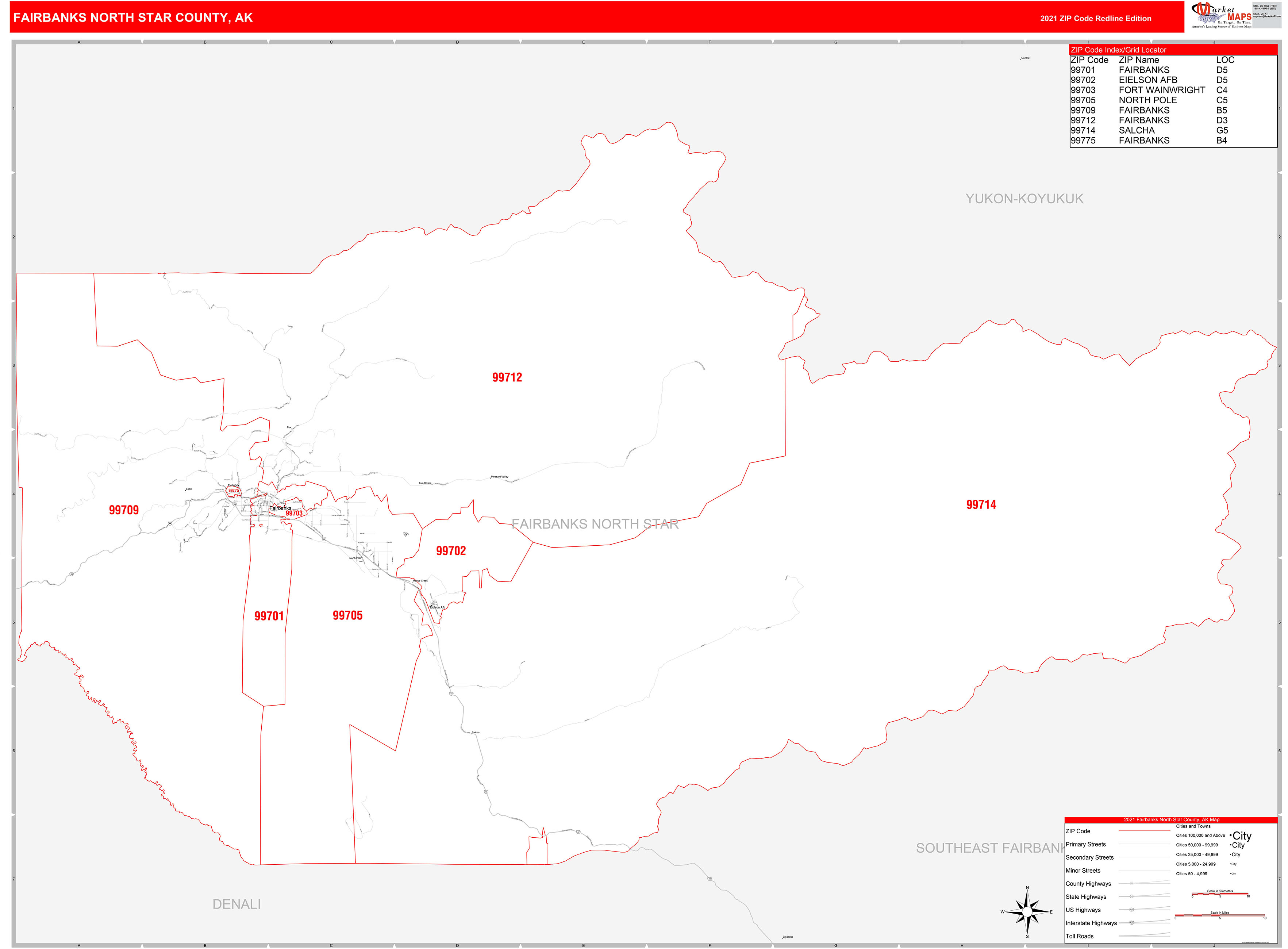 Fairbanks North Star County, AK Zip Code Wall Map Red Line Style by