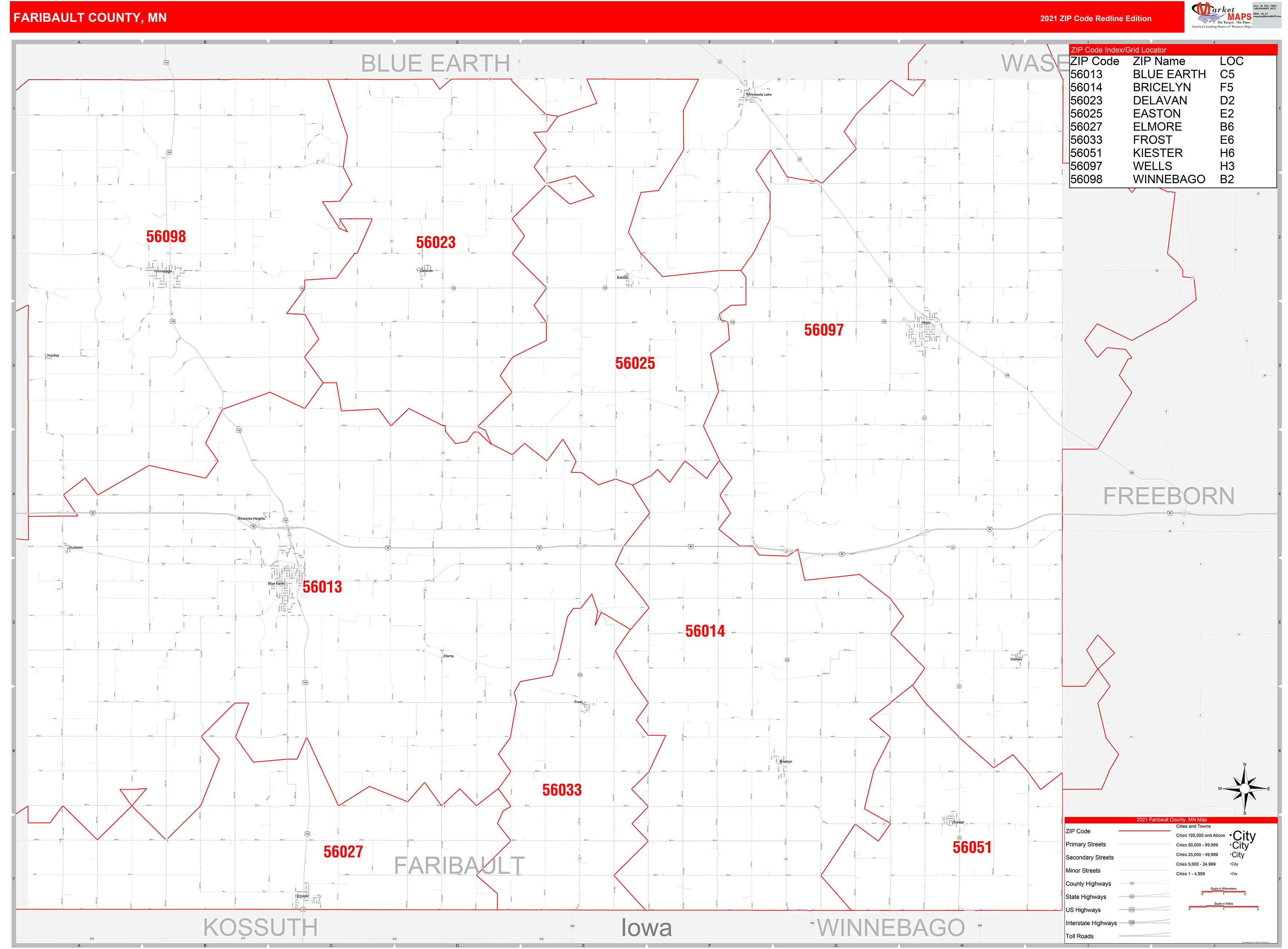 Faribault County Mn Zip Code Wall Map Red Line Style By Marketmaps 4000