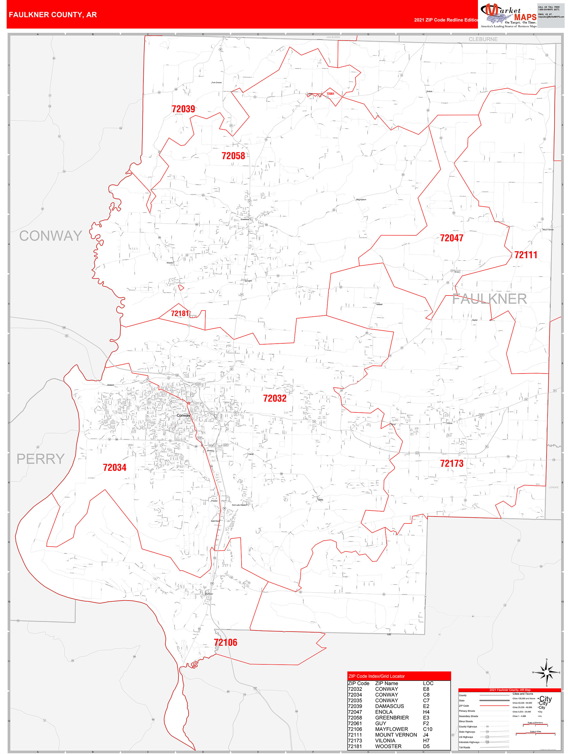 Faulkner County, AR Zip Code Wall Map Red Line Style by MarketMAPS