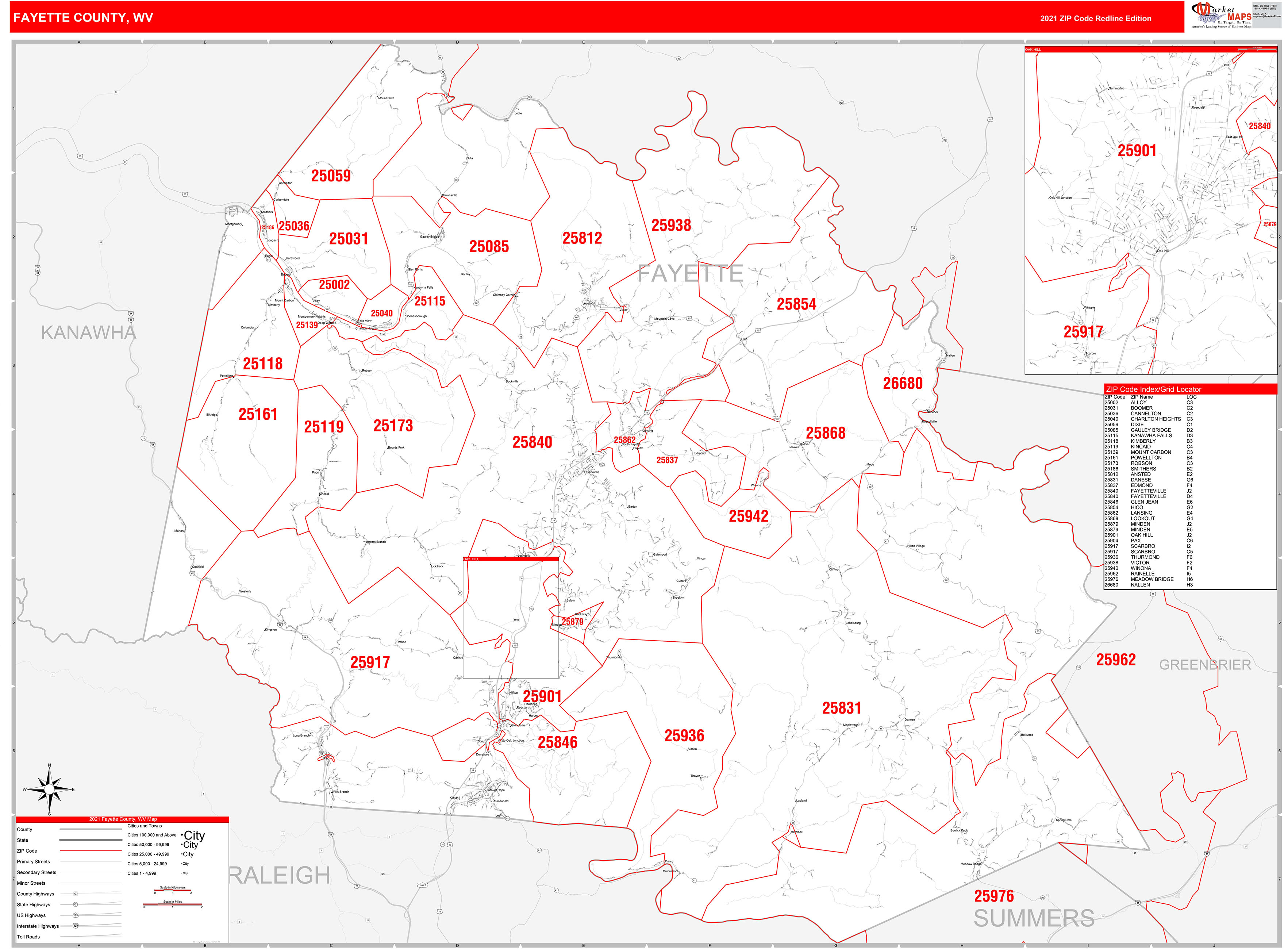 Fayette County Wv Zip Code Wall Map Red Line Style By Marketmaps Mapsales 1182