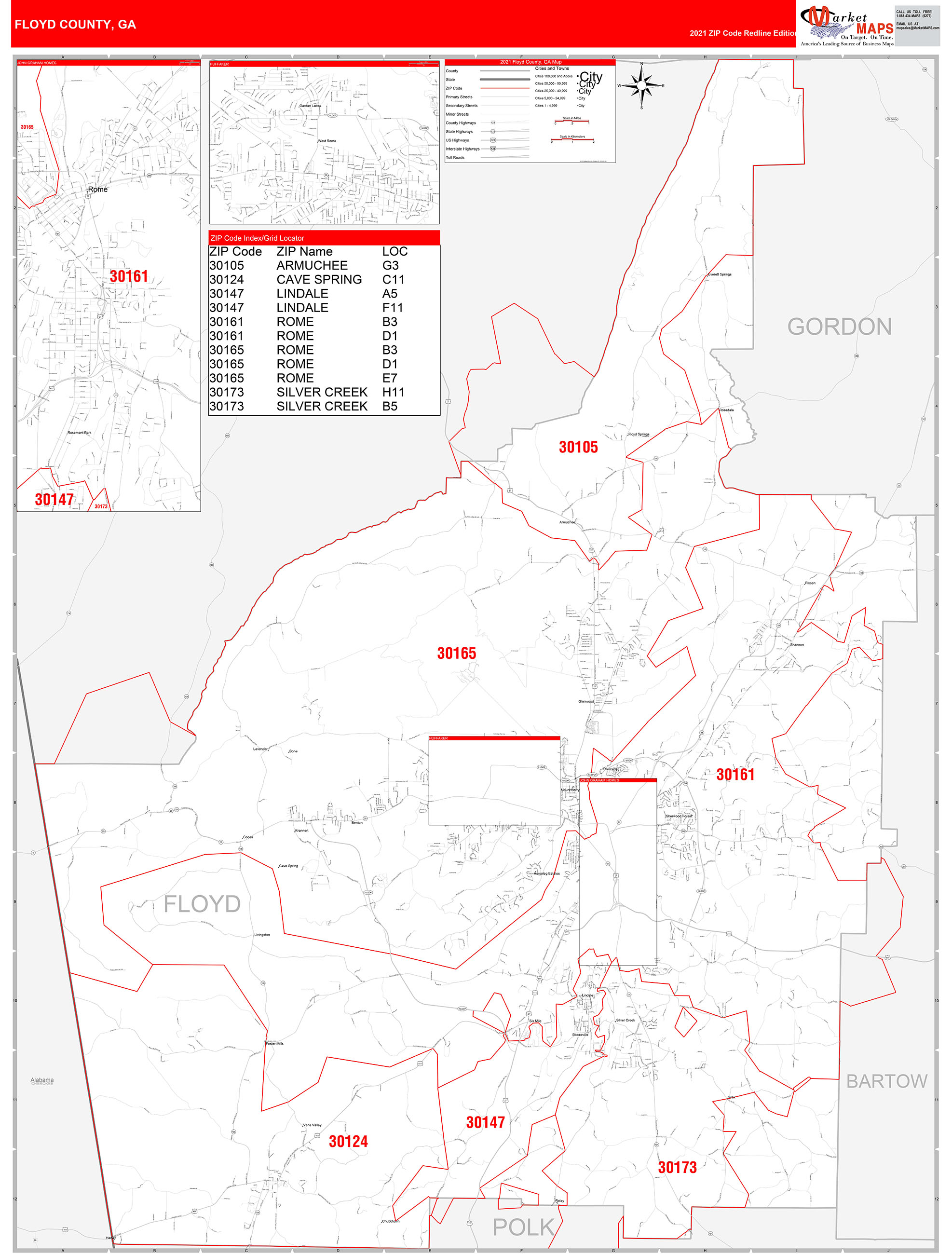 Floyd County GA Zip Code Wall Map Red Line Style by MarketMAPS MapSales