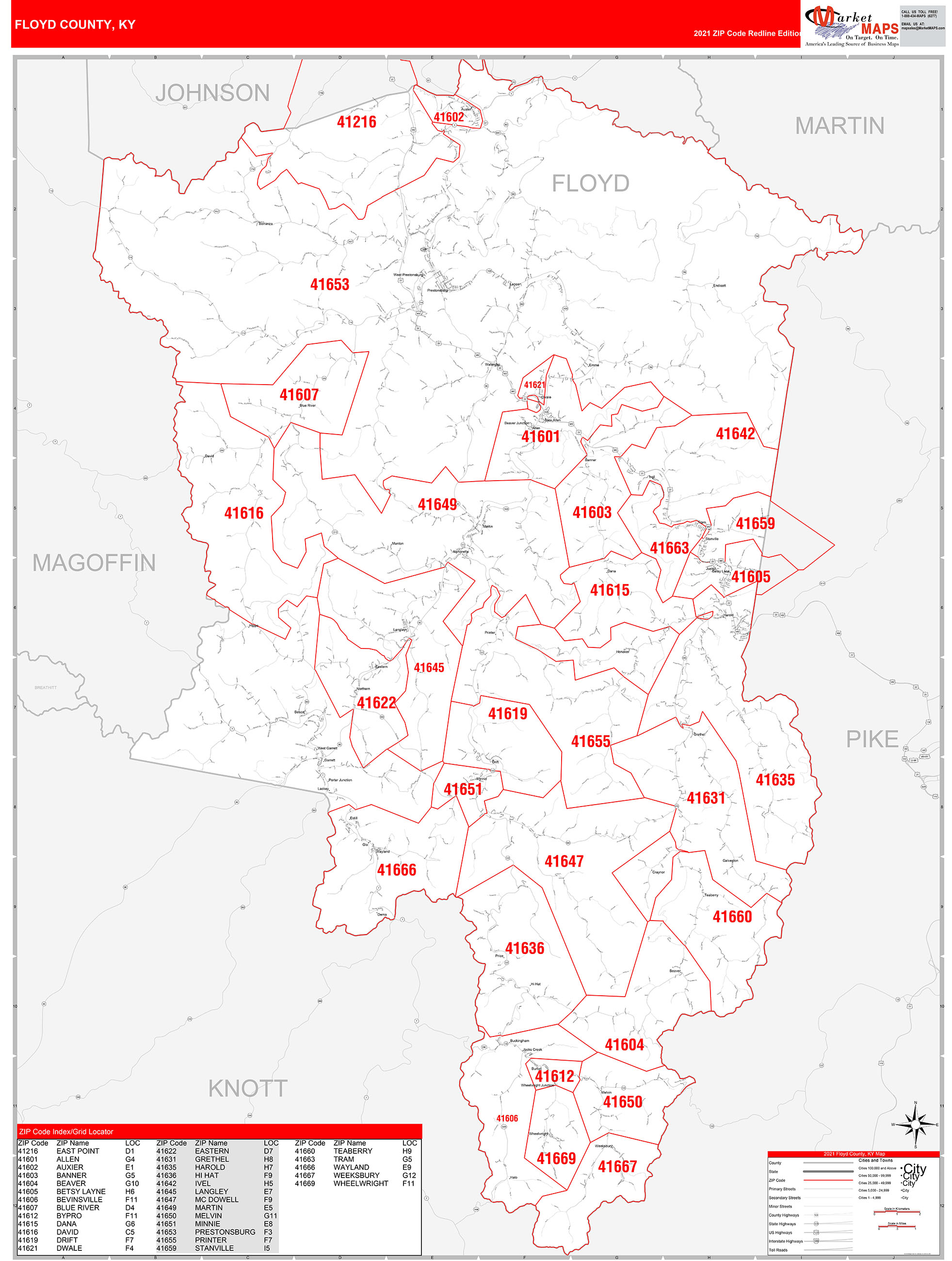 Floyd County, KY Zip Code Wall Map Red Line Style by MarketMAPS