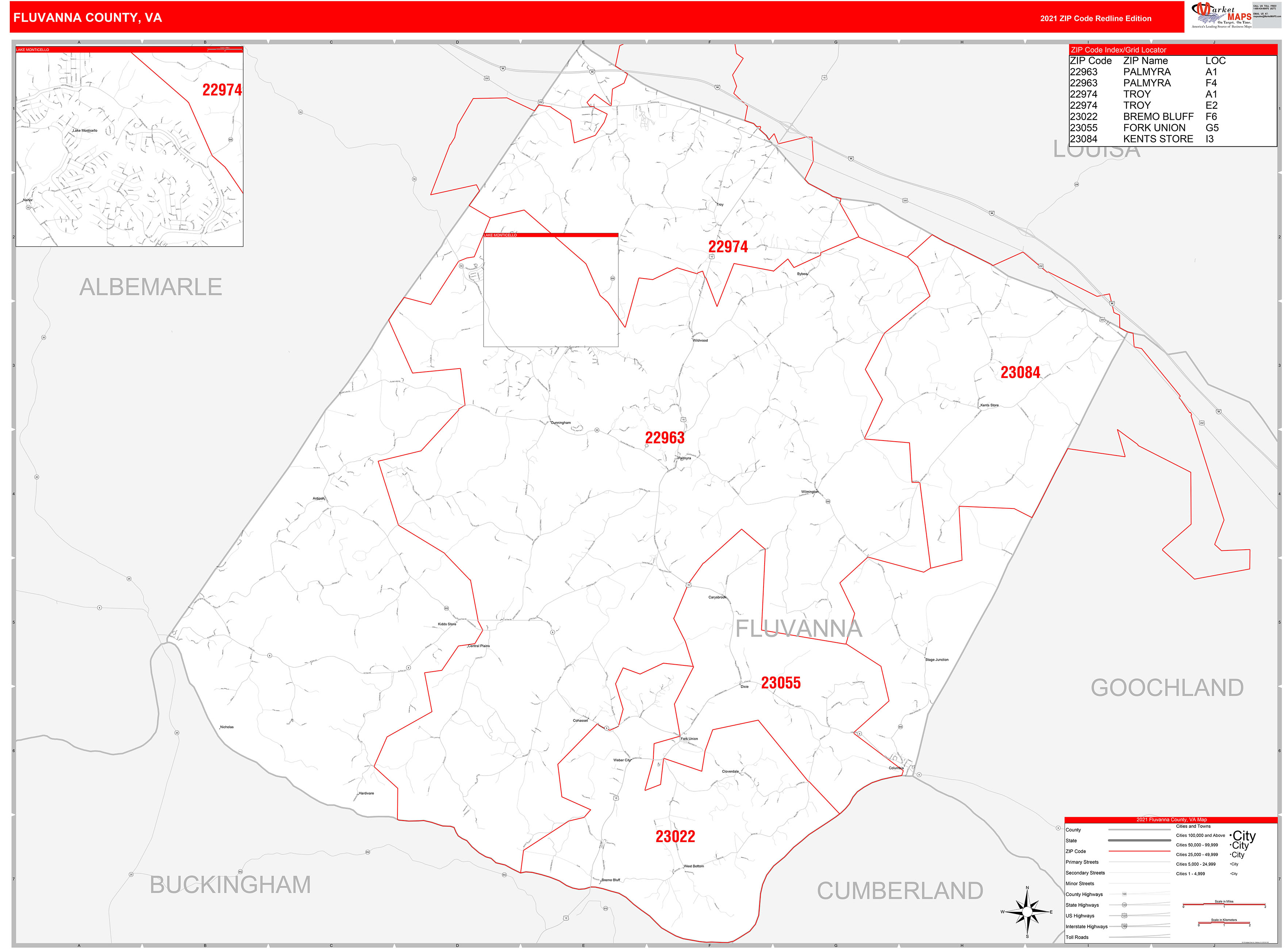 Fluvanna County VA Zip Code Wall Map Red Line Style by MarketMAPS