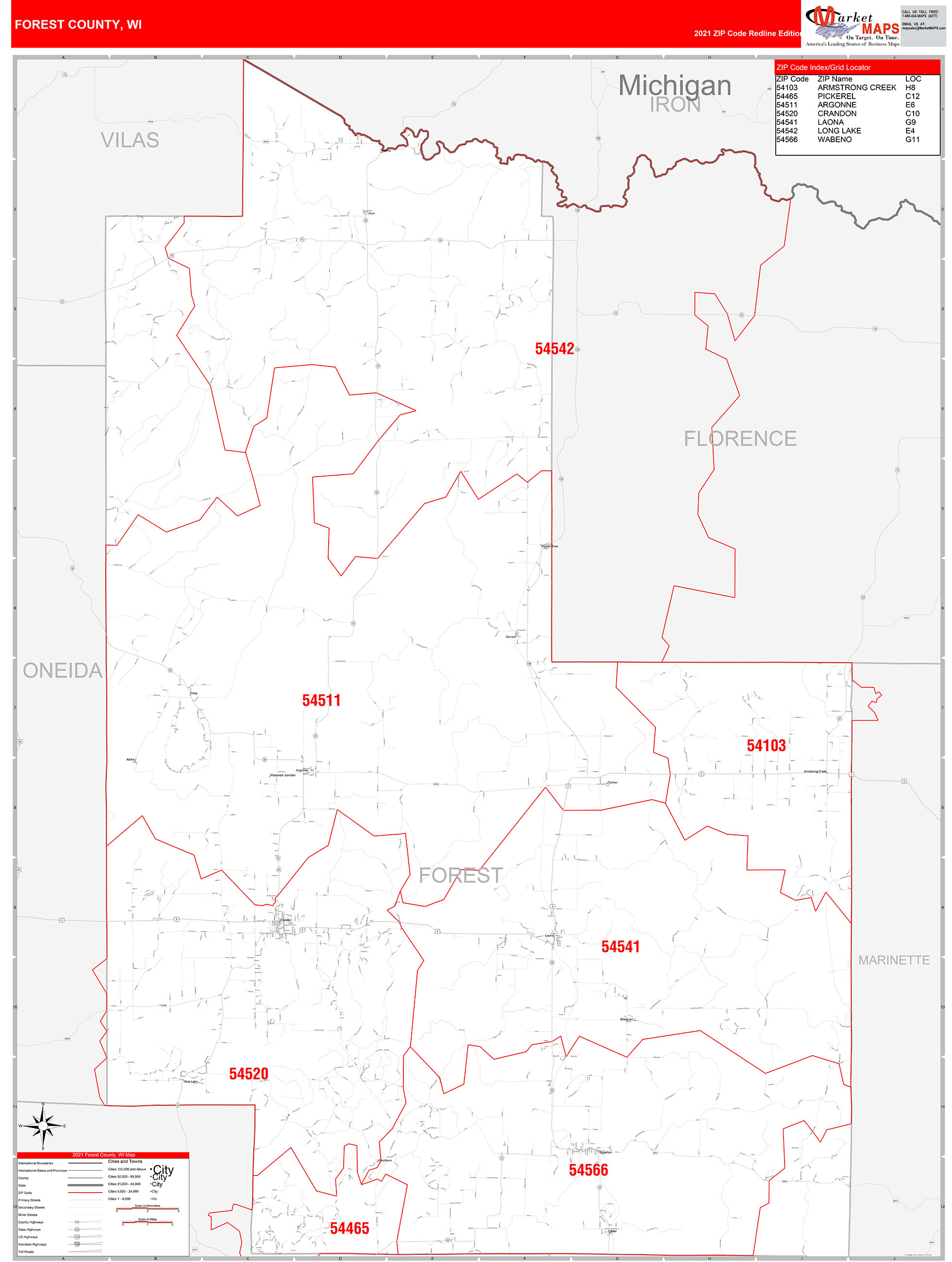 Forest County, WI Zip Code Wall Map Red Line Style by MarketMAPS