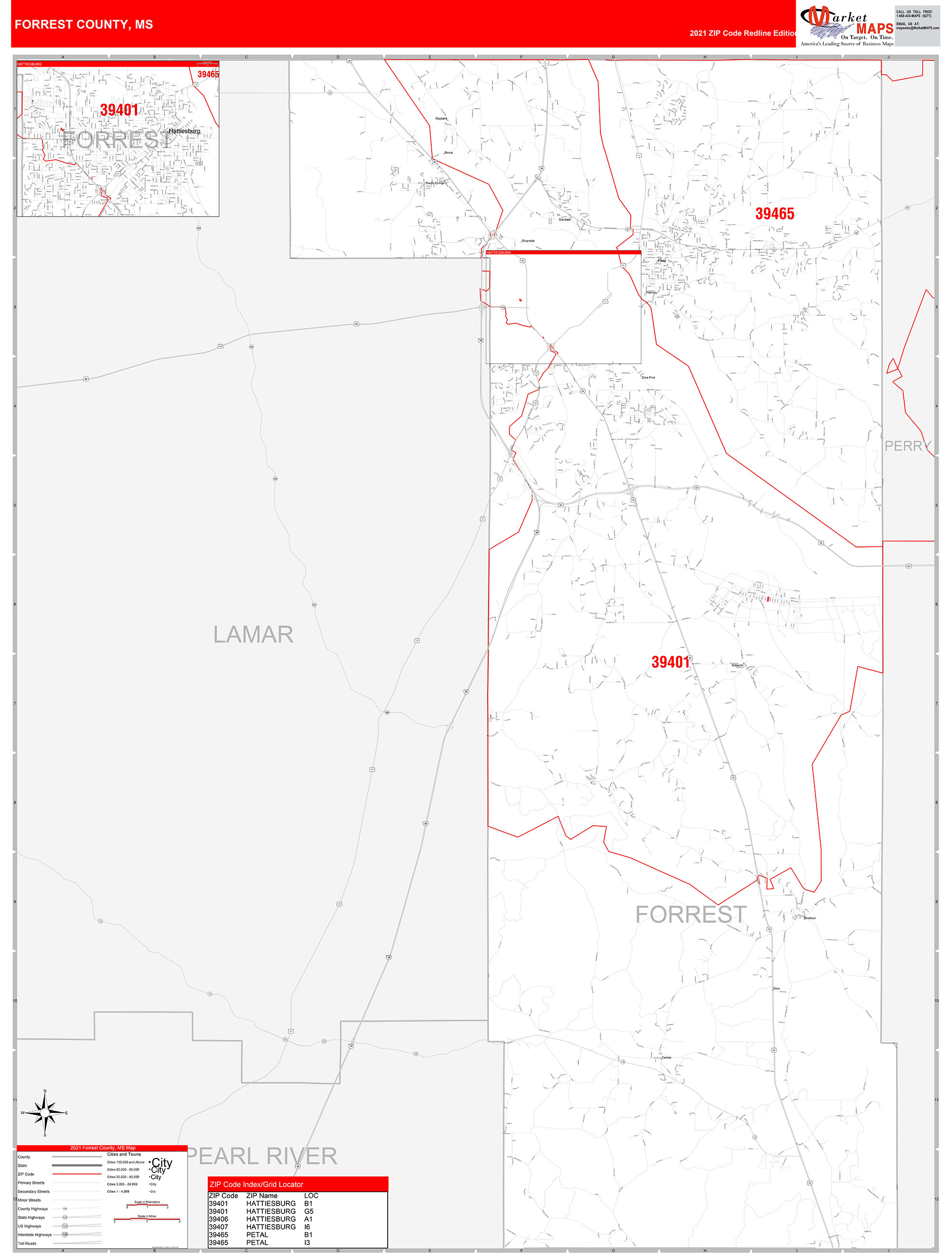 Forrest County, MS Zip Code Wall Map Red Line Style by MarketMAPS