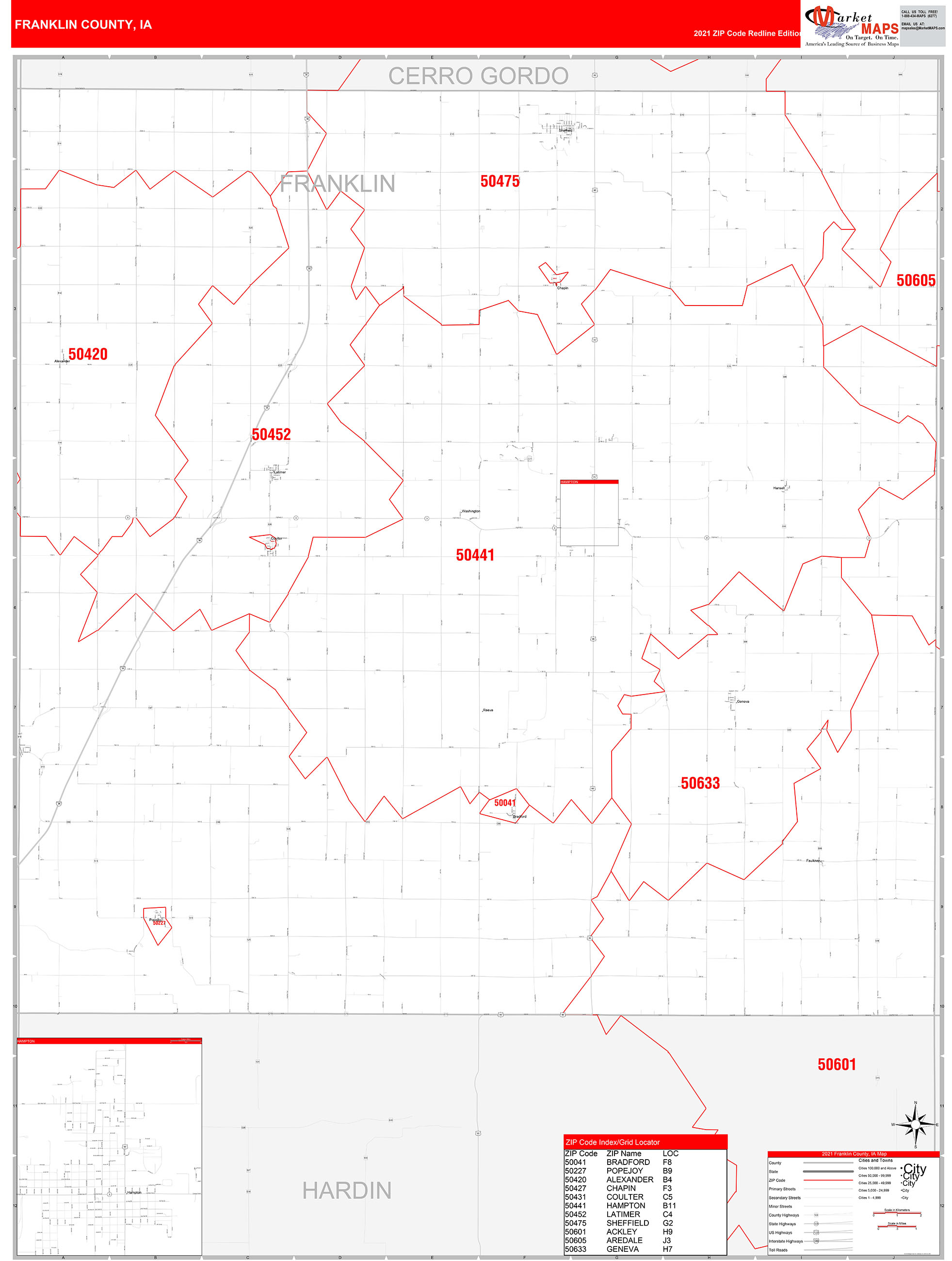 Franklin County, IA Zip Code Wall Map Red Line Style by MarketMAPS