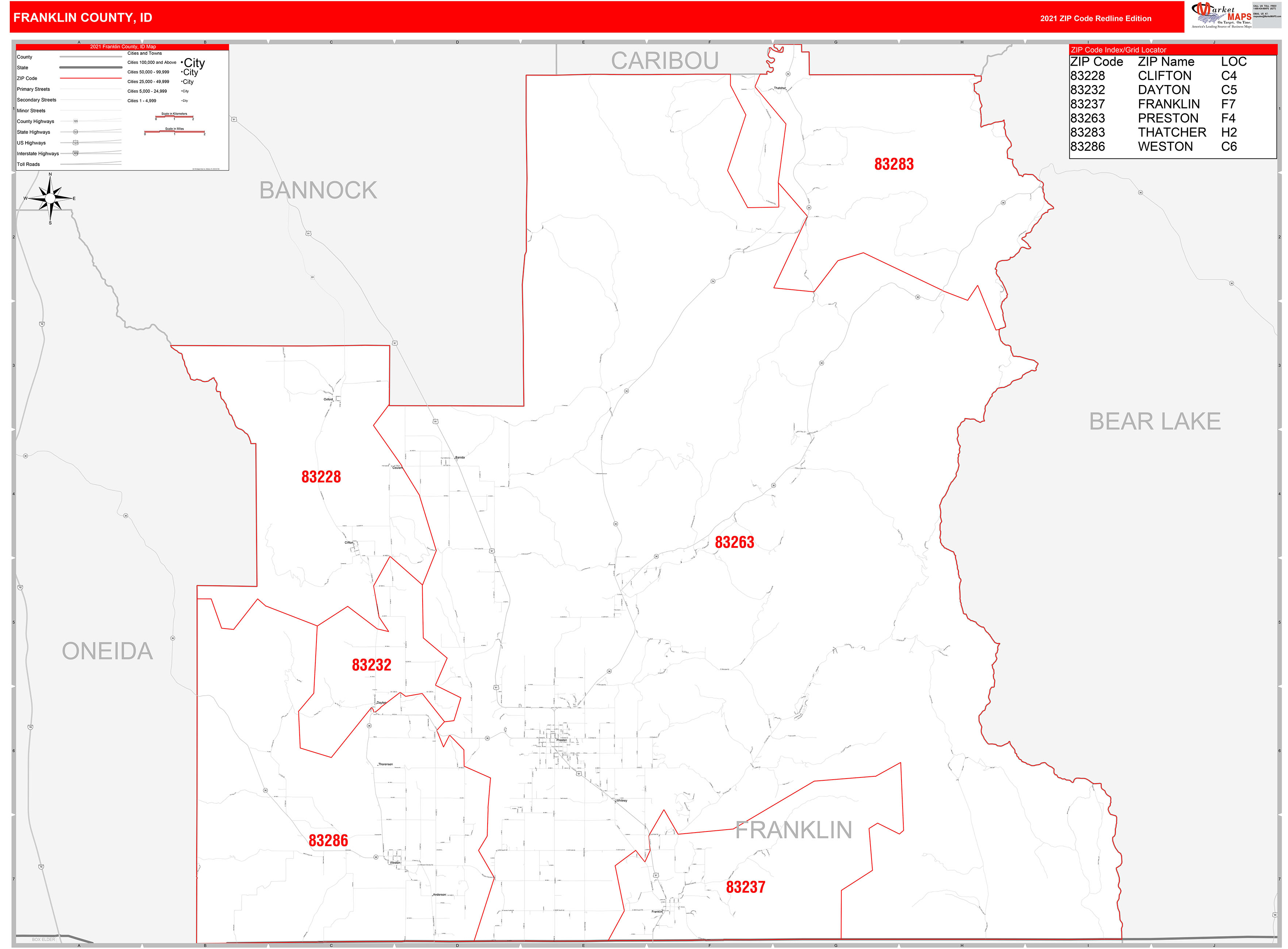 Franklin County, ID Zip Code Wall Map Red Line Style by MarketMAPS