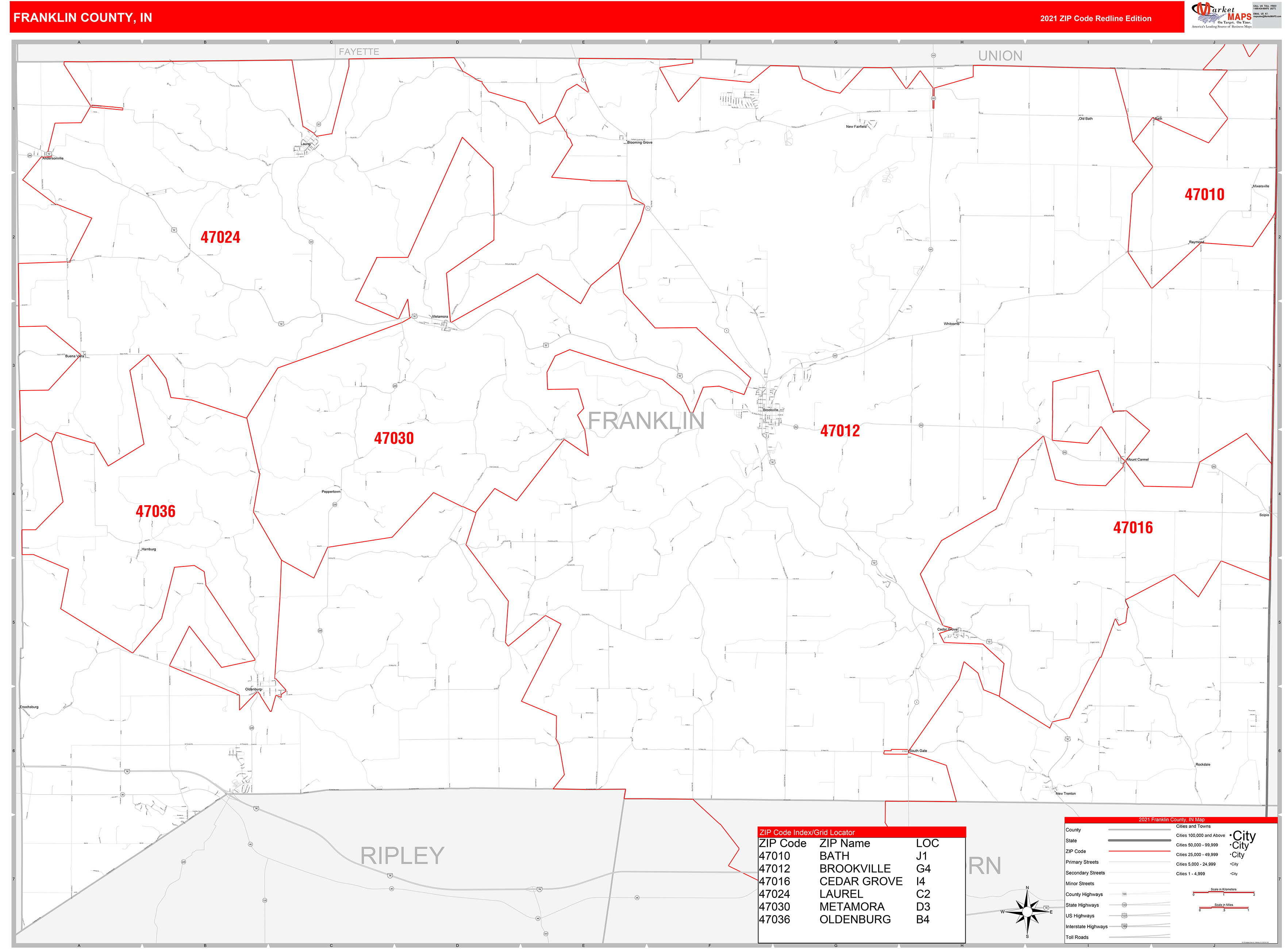 Franklin County, IN Zip Code Wall Map Red Line Style by MarketMAPS