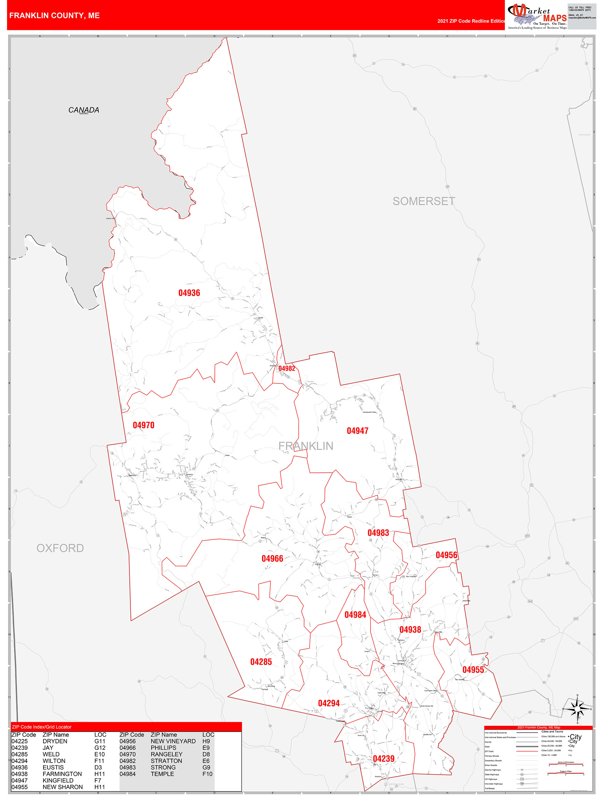 Franklin County, ME Zip Code Wall Map Red Line Style by MarketMAPS ...